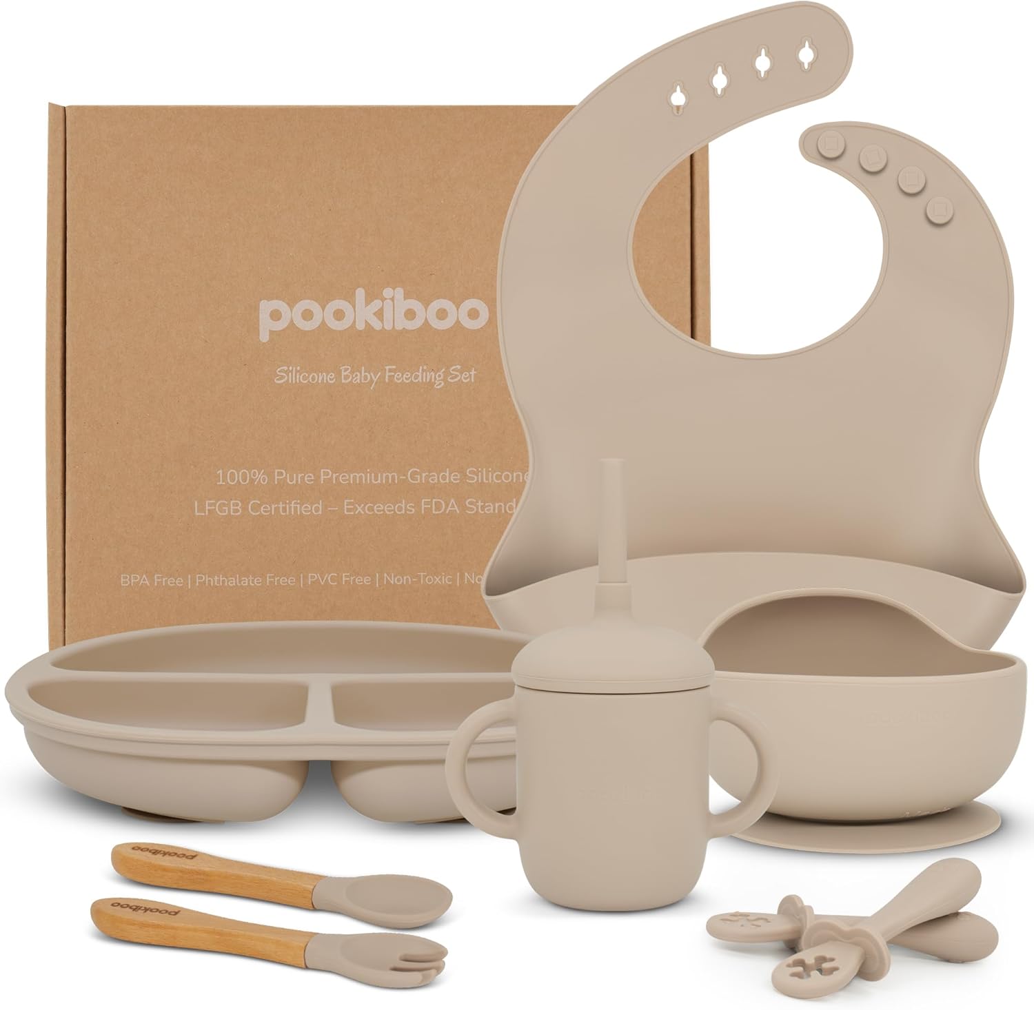 Silicone Baby Feeding Set - 100% Pure LFGB Premium Silicone - 8 Piece Feeding Set: Bib, Straw Cup, Suction Plate & Bowl, Fork & Spoon, Self-Feeding Spoons - BPA-Free, BPS-Free (BEIGE)