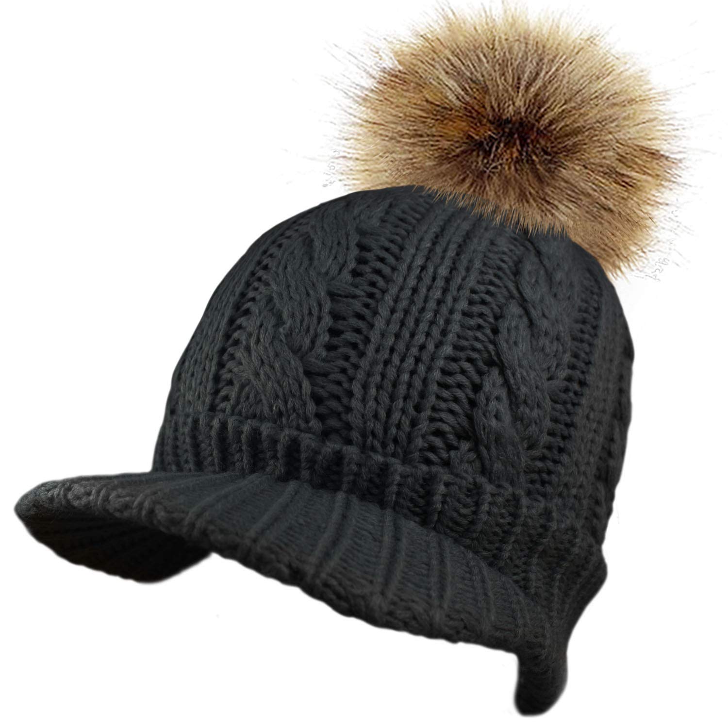Toskatok Women's Black Cable Knit Peaked Beanie Cap Hat With Warm Fleece Lining And Detachable Faux Fut Pom Pom
