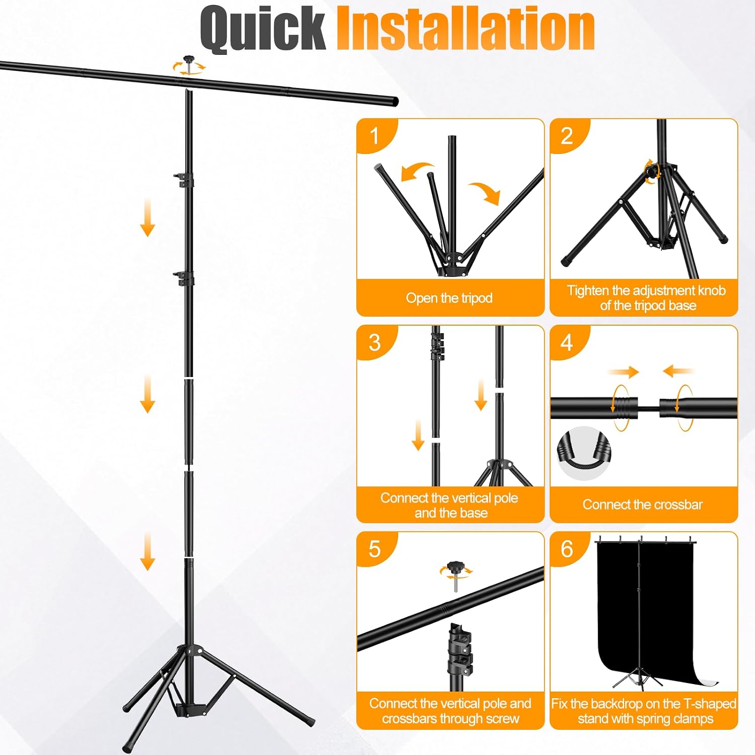 5x8ft Black & White Photo Backdrop with Stand, 2-in-1 Revisible Black White Background Screen with Portable T-Shape Stand,Carry Bag and 5 Clamps for Photography Video Meeting Streaming