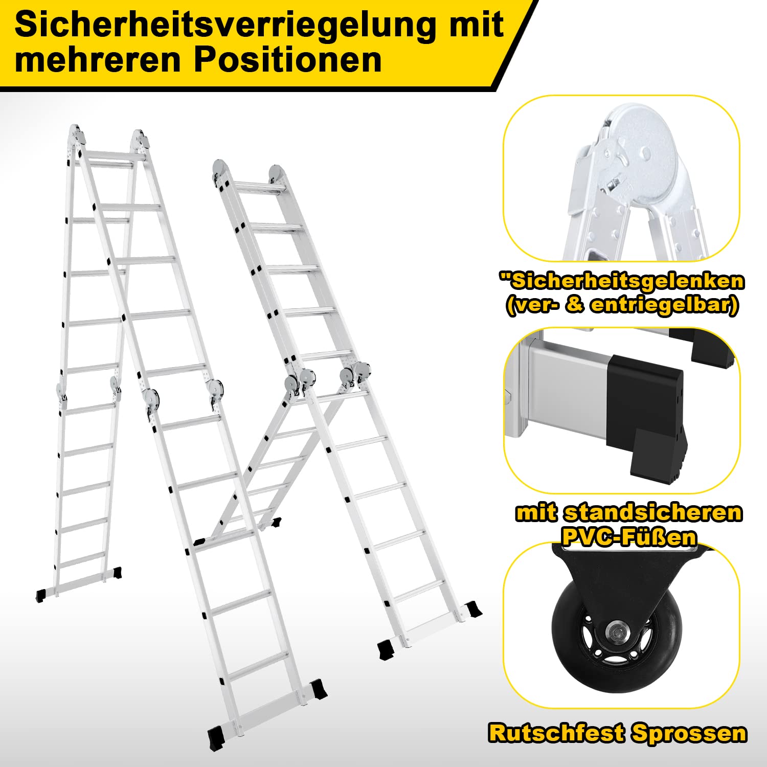 Herrselsam Scala multiuso 4 x 5, 7 in 1, 582 cm, in alluminio, pieghevole, con 2 piattaforme e ruote, portata massima 150 kg, scala multifunzione, 20 pioli (DY8973-M-1x)
