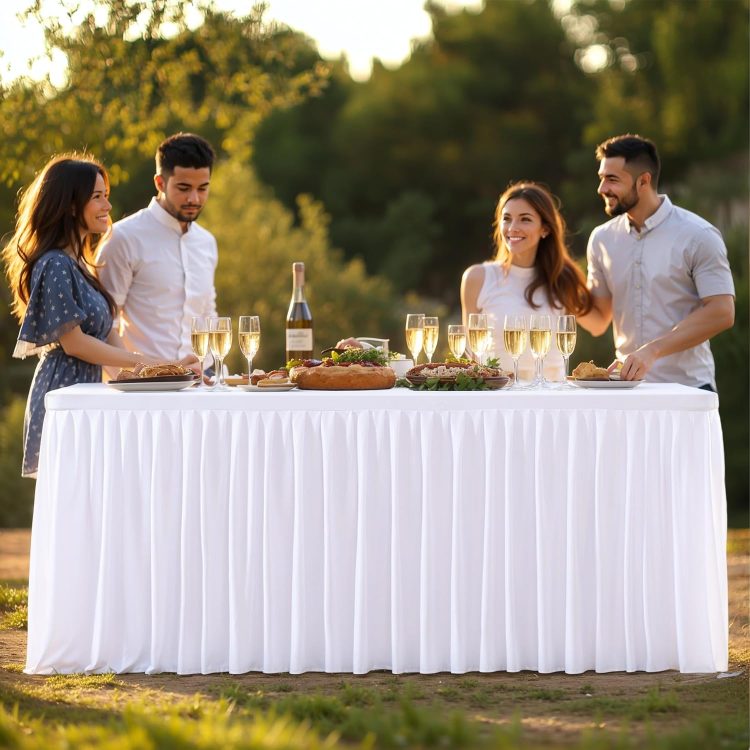 PARTISKY 1 Pack White Tablecloths for Rectangle Tables 4ft, Wrinkle Resistant White Table Cover Fitted Stretch Table Cloth with Pleated Ruffle Skirts for Party Banquet Dining Birthday Wedding