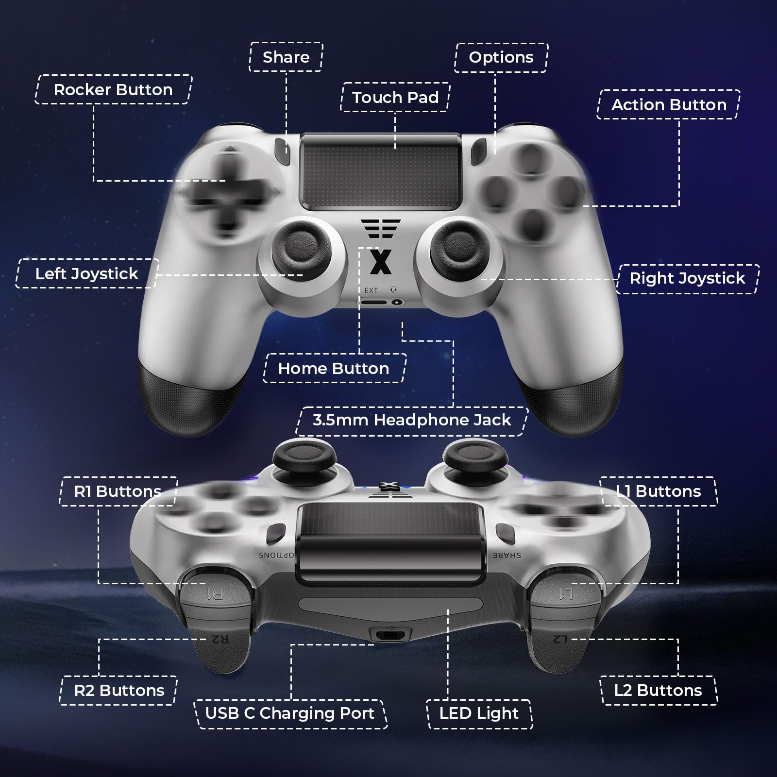 Hycago Manette de jeu sans fil pour PS-4, Manette de jeu compatible avec PS-4/Pro/Slim/PC Gamepad avec bouton Turbo/Retour/Double vibration/Capteur gyro à 6 axes/Écran tactile (Argent) - 5