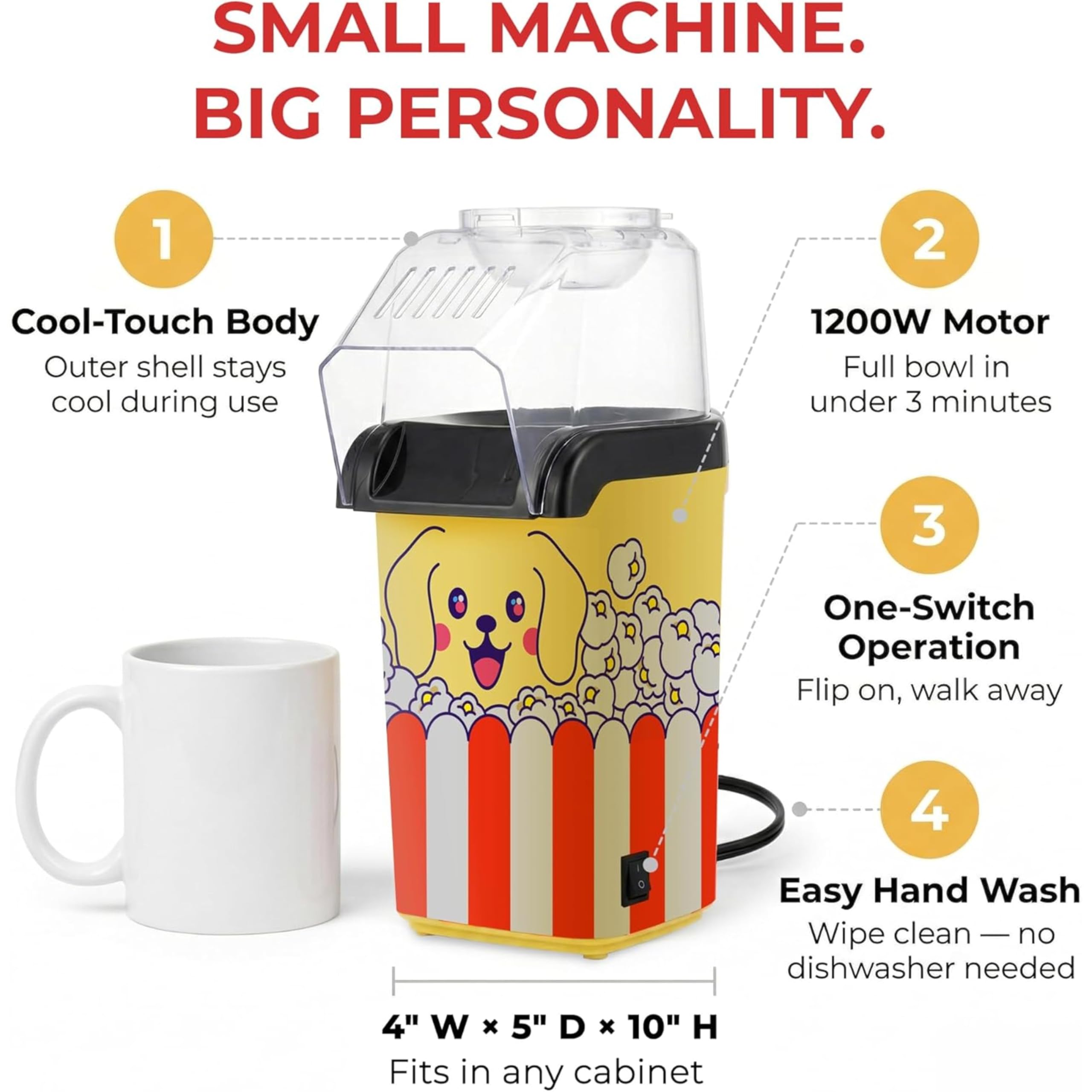 Cooler Concepts Máquina de palomitas de maíz "Pupcorn" y Popper de aire – Popper de aire caliente de 1200 W con bandeja de fusión de mantequilla – Mini fabricante eléctrico – Regalo para los amantes