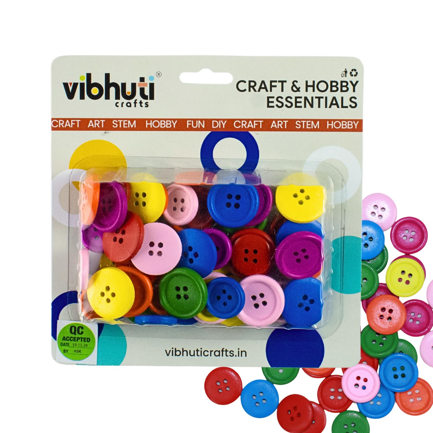 Vibhuti Crafts (hoblie) Assorted Multicolored Wooden Buttons – 50pcs (20mm & 25mm) | Large Buttons for Crafts, Sewing, Knitting, Scrapbooking & DIY Decoration