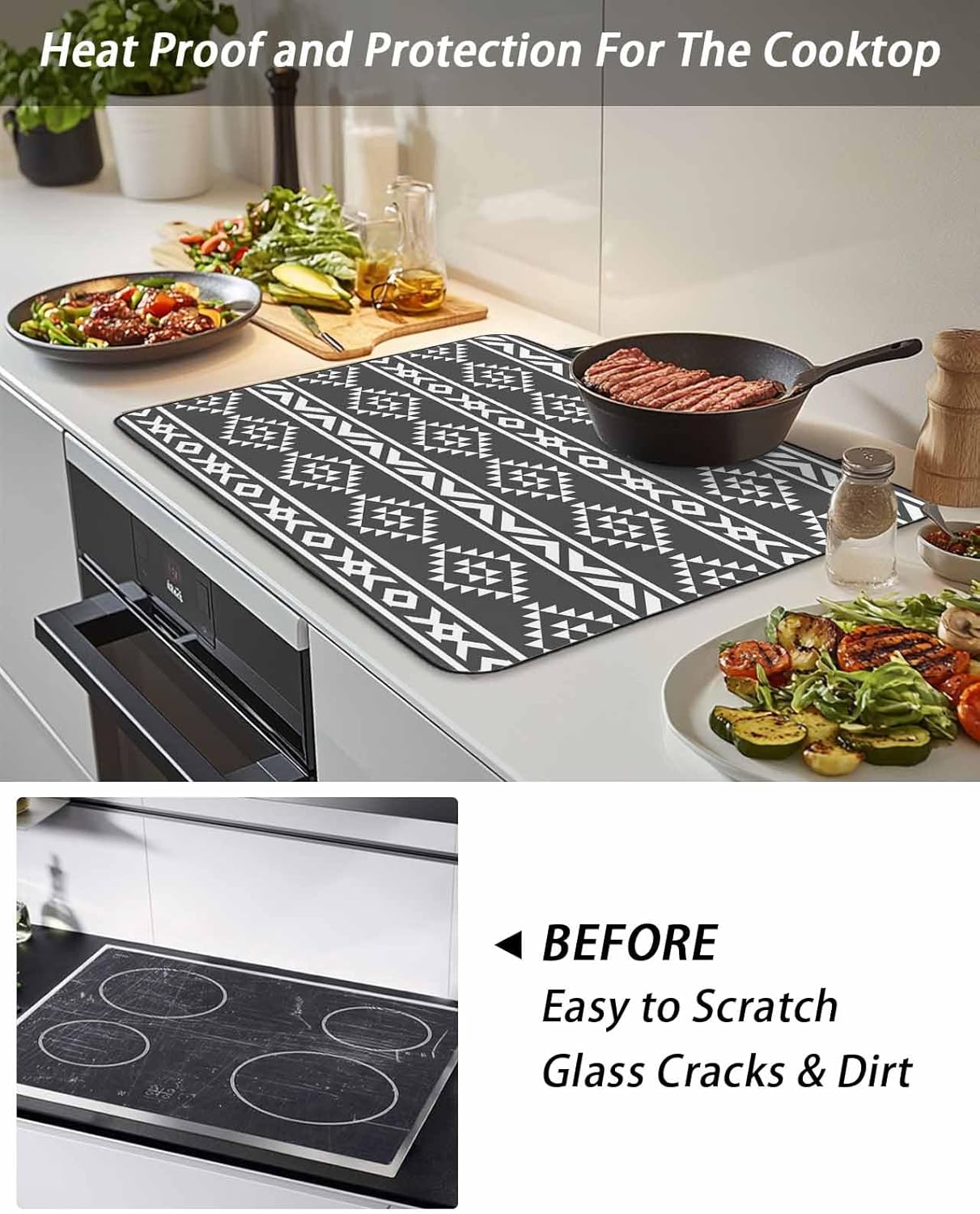 Stove Top Cover Black Tribal Geometric Stove Cover for Electric Stove Top Abstract Boho Ethnic Glass Cooktop Covers Anti-Slip Mat Heat R esistant Countertop Protector Kitchen Decor 28.5"x20.5"