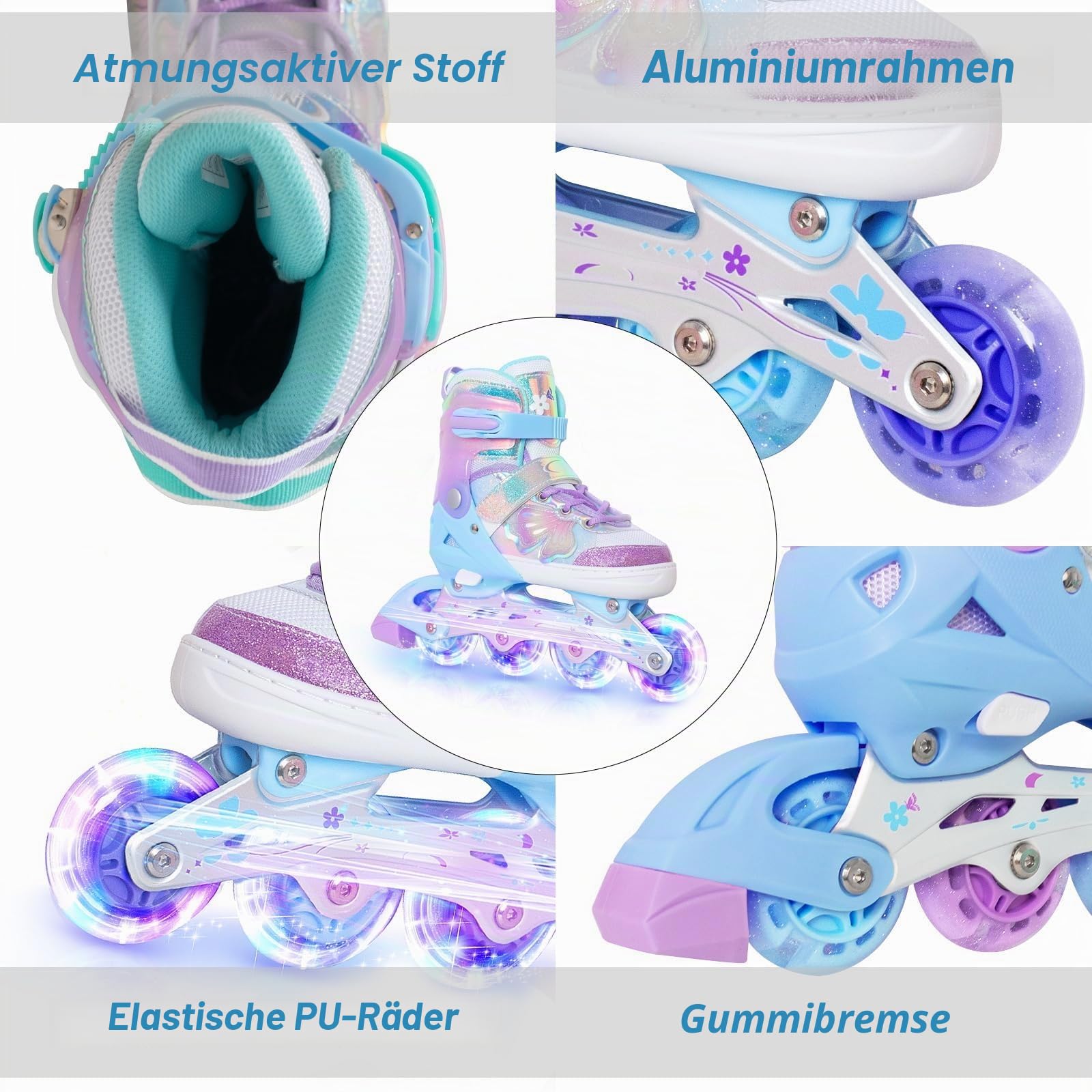 Nattork Kinder Inliner für Mädchen, 4 Größen Verstellbare Inline Skates, Schmetterling Inline Rollschuhe für Mädchen