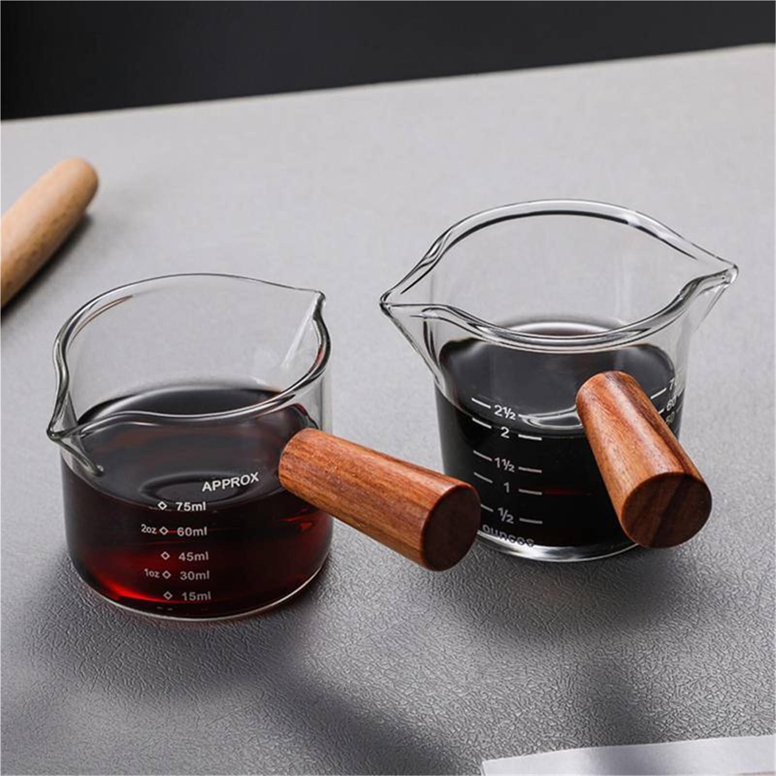 Taza medidora de café expreso con mango madera, jarra leche doble/boca única, tazas medidas a escala, 2 uds para Latte Art(Transparent A-70ml)