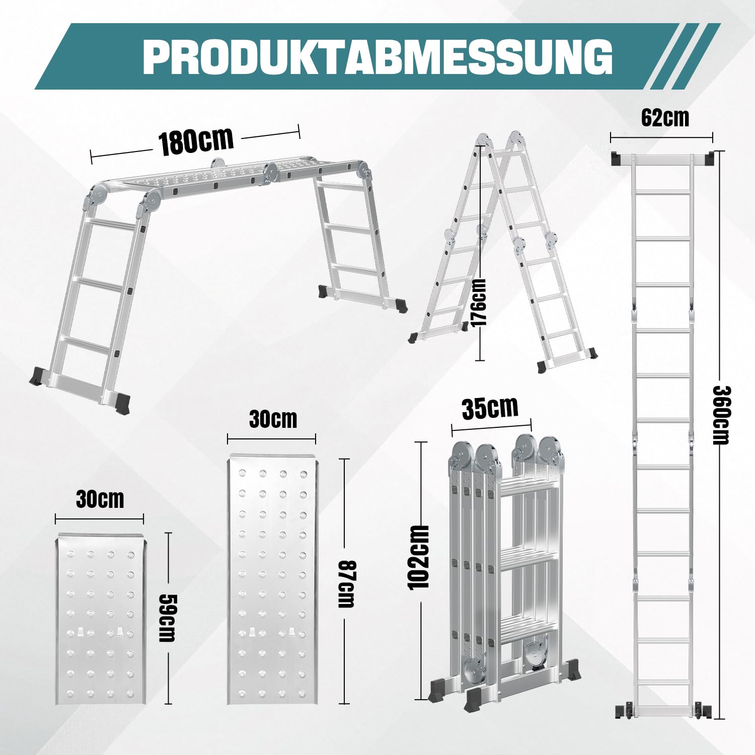 3.6M Aluminium Mehrzweckleiter 4x3 Stufen,Multifunktionsleiter mit plattform, Alu Leiter mit 2 Gerüstplatten, Klappleiter 16 Stufen, Trittleiter bis 150 kg, Haushaltsleiter Silber