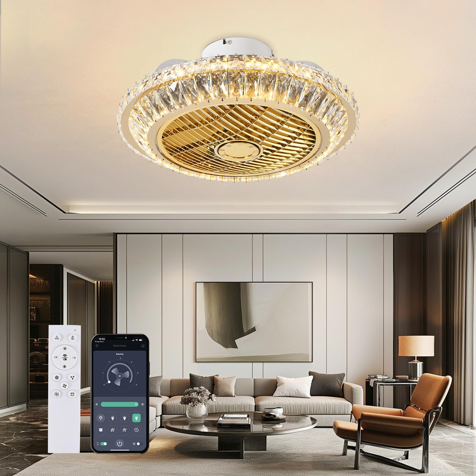 RRBEST Crystal Ventilatori Da Soffitto Con Lampada 72W LED Fan Plafoniera Invisibile 3 Velocità Con Telecomando＆APP Dimmerabile, Con ruota di guida dell'aria, circolazione dell'aria a 360°