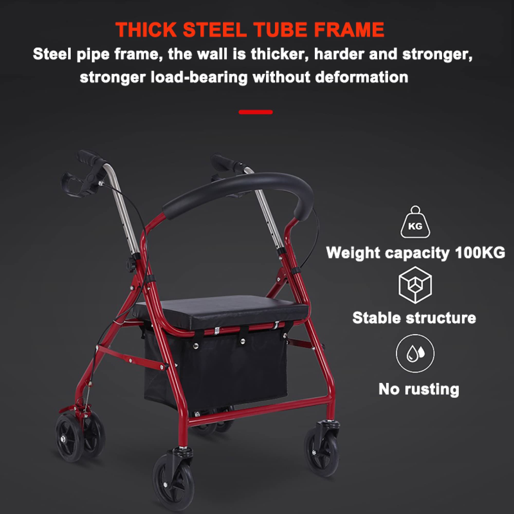 Andador portátil con cojín calefactor USB - Andador plegable de acero Freedom Mobility con ruedas de 5 pulgadas, carga hasta 220 lbs, rojo