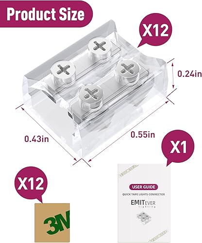 Miniatura 7 de EMITEVER Conectores de tira LED, 12 paquetes de conectores de luz de cinta LED, 2 pines, sin soldadura, tornillo de apriete, cinta transparente para