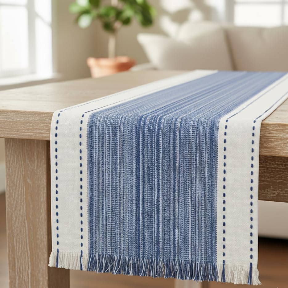 Cotton Woven Stripe Table Runner with Fringe Rustic Farmhouse Cloth Dining Table Runner for Kitchen Buffet Table Boho Dresser Scarf Non Slip Washable Ombre Texture Blue / Off White 14' x90”