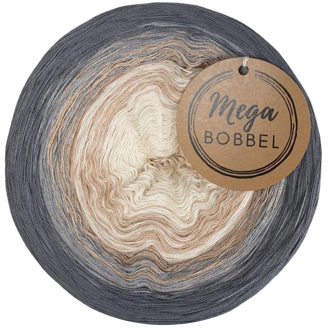 MegaBobbel*Beige & Grau*A437* (Außenfarbe: Mittelgrau) Farbverlaufsgarn - Lace Garn Bobbel Wolle zum Häkeln & Stricken - 50% Baumwolle/50% Polyacryl (3 fädig, 3750m)
