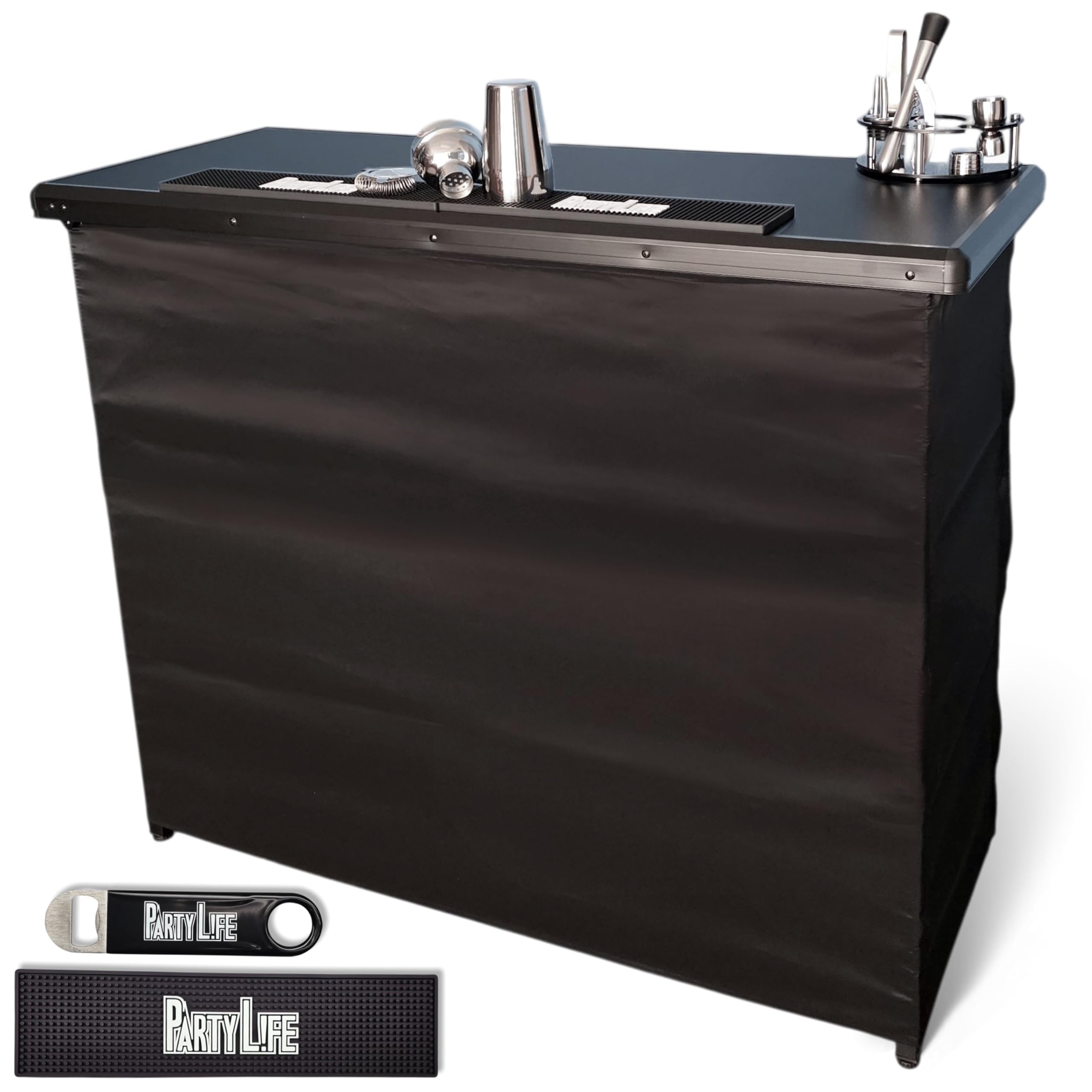 PartyLife 48" Premium Portable Bar Table w/Folding Legs, Black Fabric Bar Skirt, 2 Storage Shelves &amp; 2 Carrying Bags | Commercial Grade | Strong &amp; Sturdy - Black