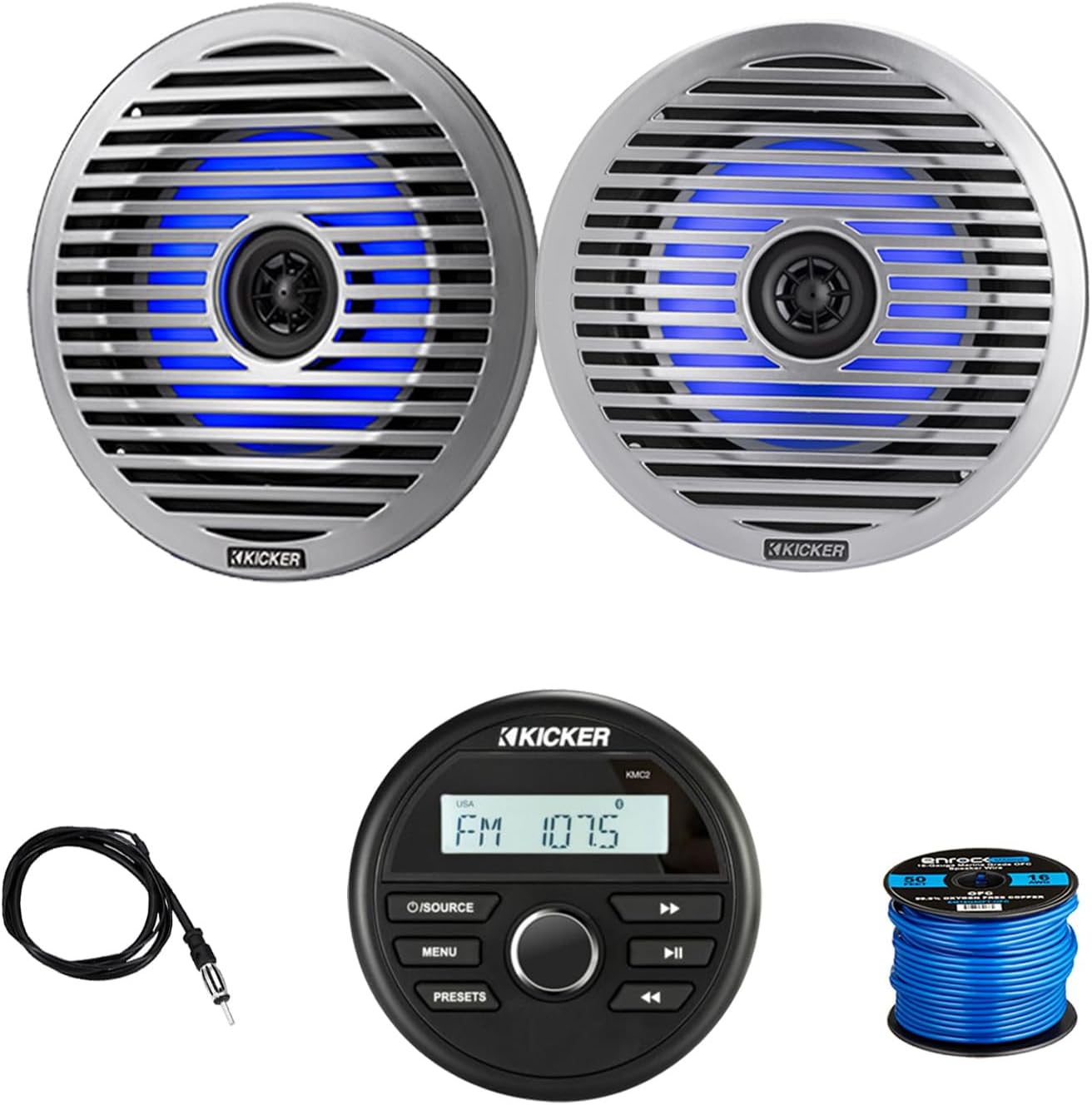 Kicker 46KMC2 Marine Gauge Style USB Bluetooth AM/FM Media Center Receiver, 2X 6.5 130 Watt Peak Thin-Mount Multicolor LED Boat Audio Speakers with 2X White Grilles, 2X Silver Grilles, Wire, Antenna