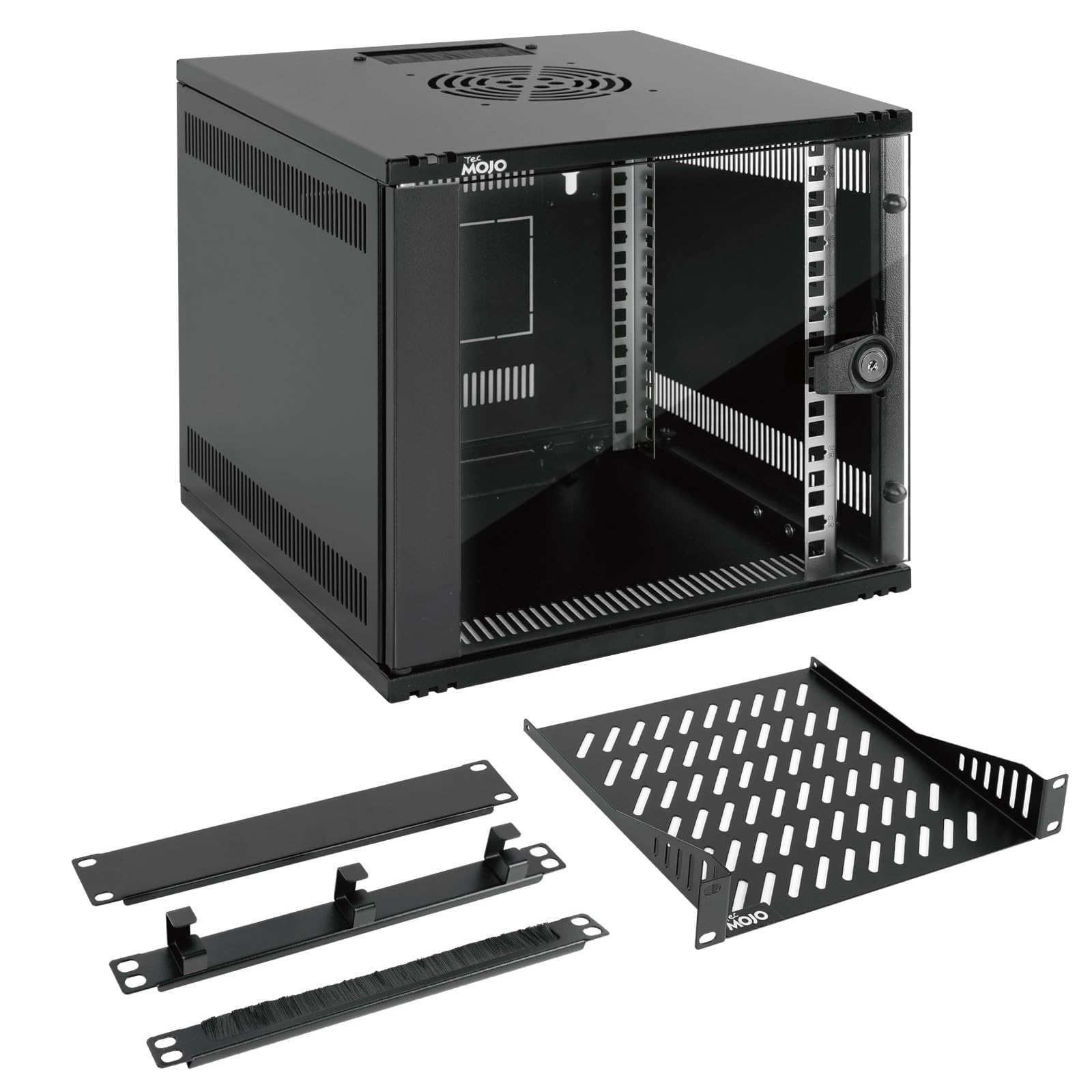 Tecmojo Armadio di Rete 10 Pollici 6U Montaggio a Parete Profondità 330mm Ripiano Rack Griglie Spazzole Portata 50kg Nero Porta Vetro