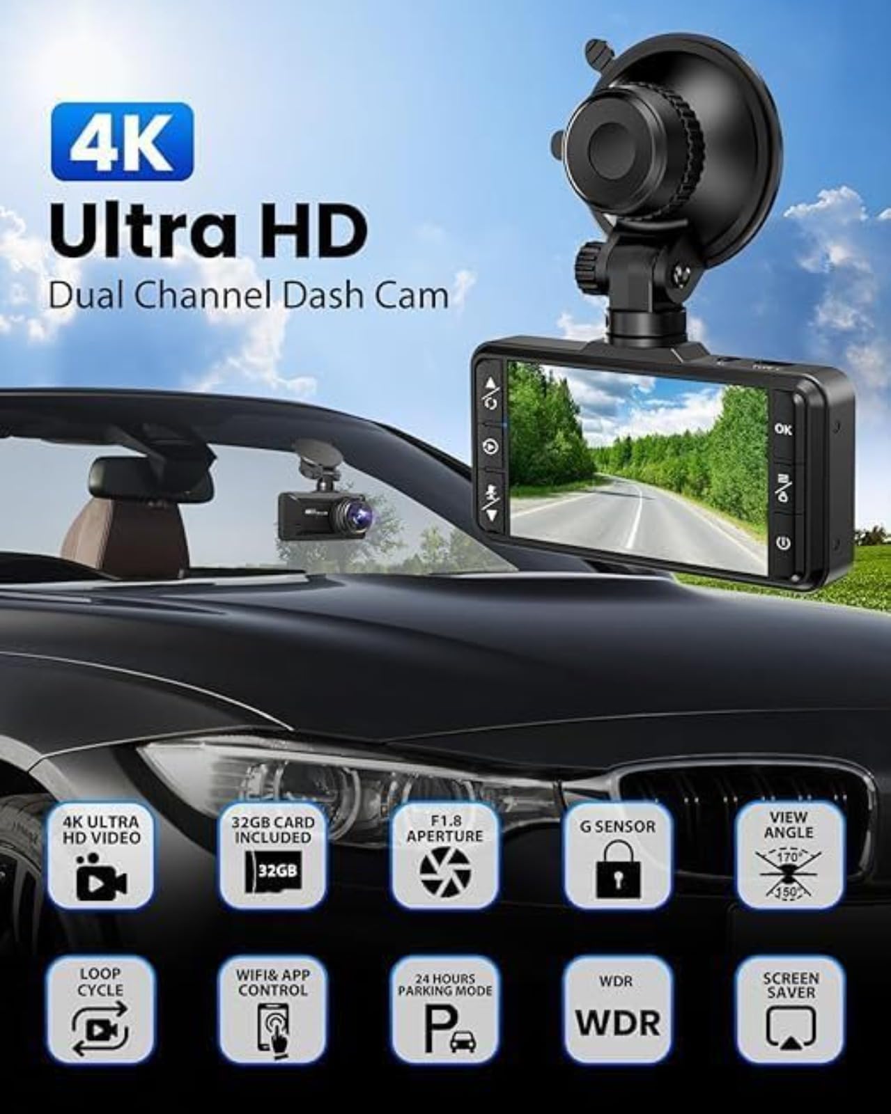Oryzom Dashcam 4K Pro Enregistrement Ultra HD caméras Avant/arrière Capteur G WDR Vision Nocturne Surveillance 24h/24 1080P 32Go