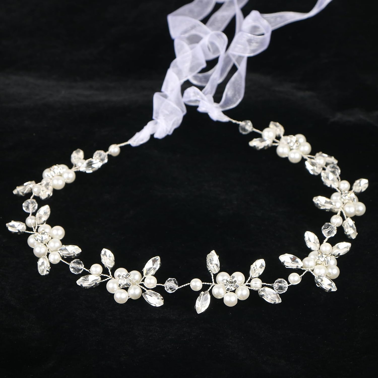 Pearl Flower Headpiece Silver Bridal Girl Women Hairband Vine Rhinestones Hair Wreath Floral Crown Princess Headband Crystal Pearl Hair Accessories for Wedding, Birthday, First Communion