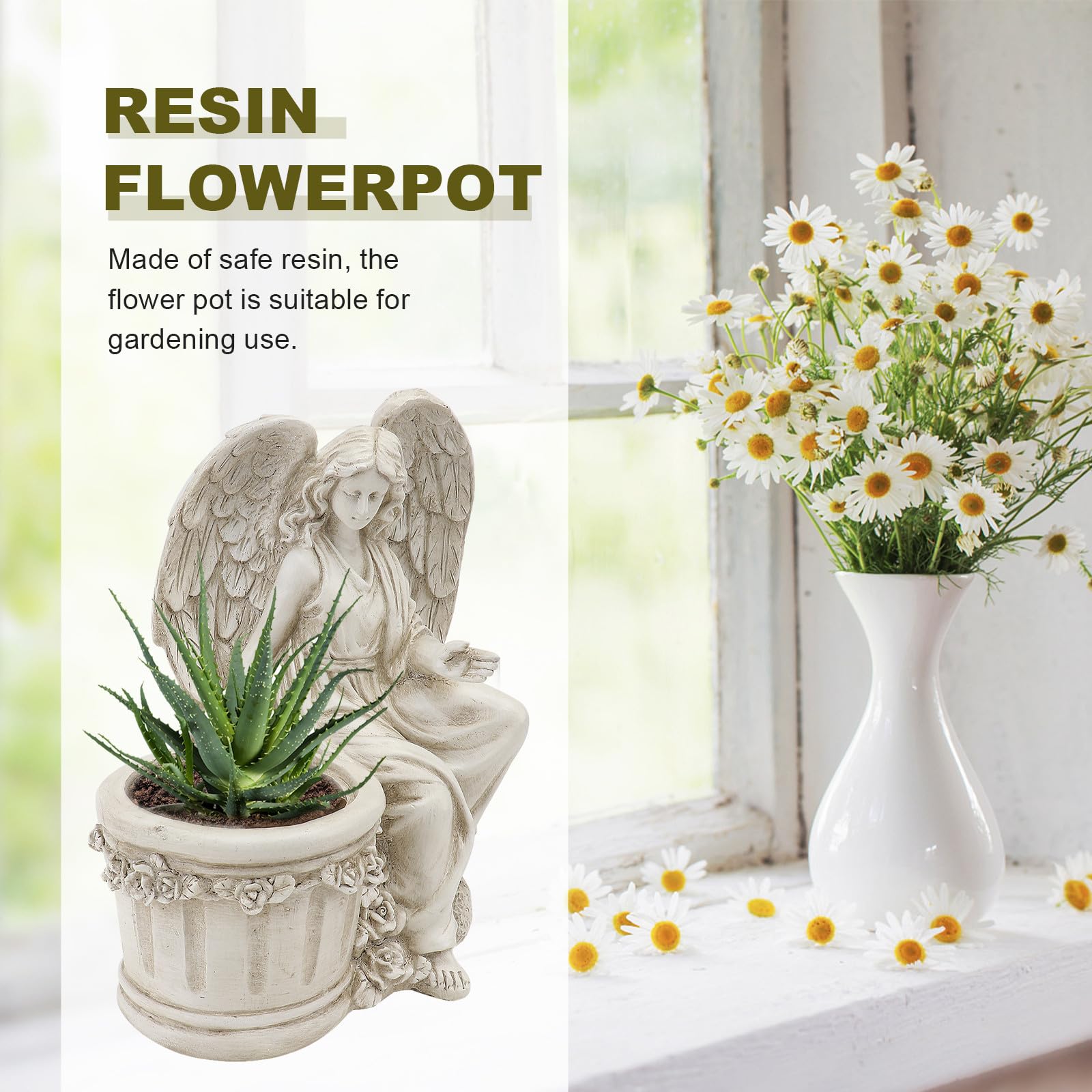 Vaso Angelo Decorativo in Resina per Giardino e Cortile Beige