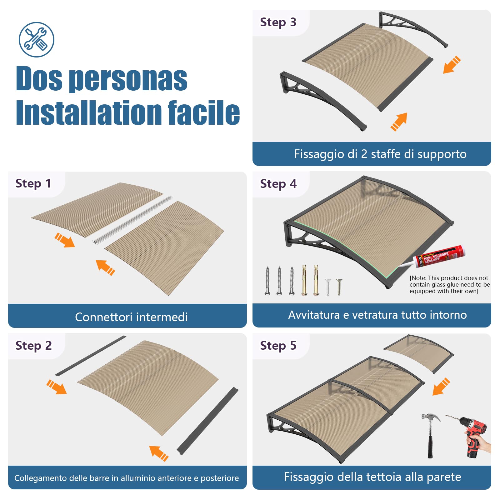 Pensilina da Esterno, 150x100 cm Tettoia per Finestre in Policarbonato - Protezione UV, Pioggia, Neve e Sole per Patio, Giardino e Portico