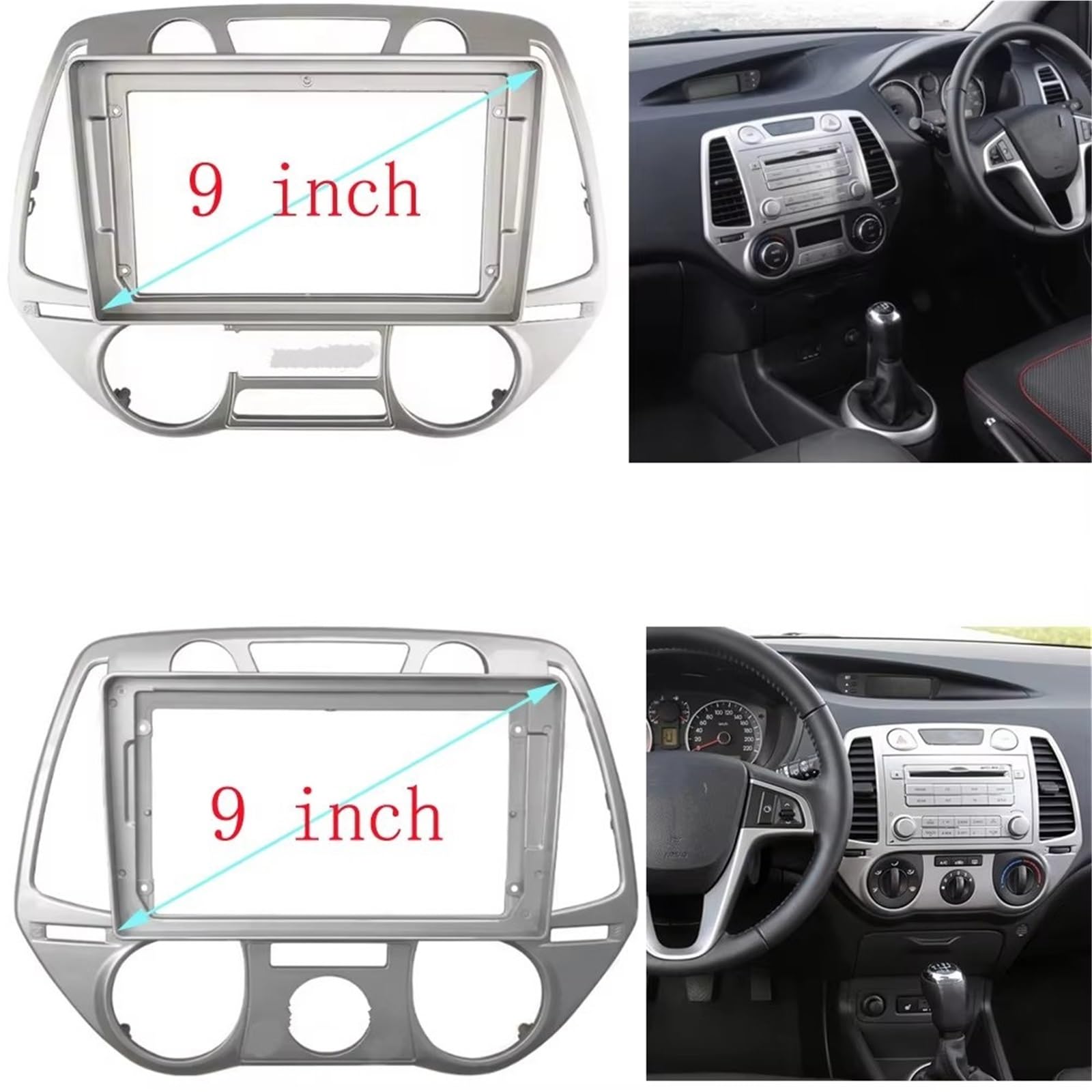 Panel Embellecedor Radio Fascia Radio 9 Pulgadas para Panel Estéreo Reproductor Android 2Din Marco para Hyundai para I20 2008-2012 Marco Radio para Coche(AT Frame Cable)