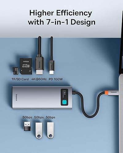 Miniatura 2 de Baseus Adaptador USB C a HDMI, estación de acoplamiento USB C 4K a 60Hz, concentrador USB C 7 en 1 con 3 USB-A, PD 100W, lector de tarjetas TFSD,