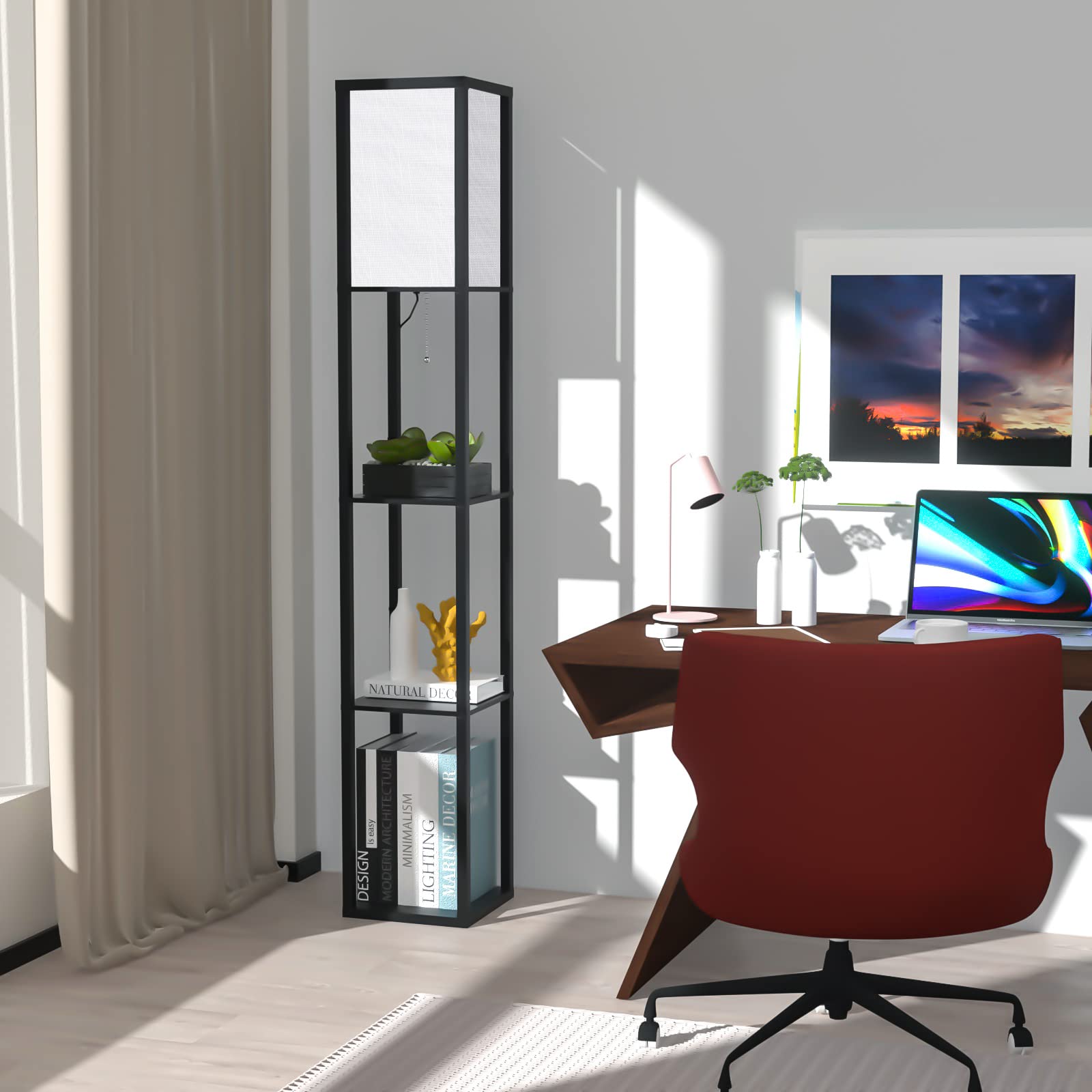 Lampada Salotto da Terra in Legno con Scaffale, Tre temperature di colore Lampada da Pavimento con 3000K-5000K E27 Lampadine, Lampada a Stelo 1.6M, Piantana da Terra per Camera Da Letto e Soggiorno