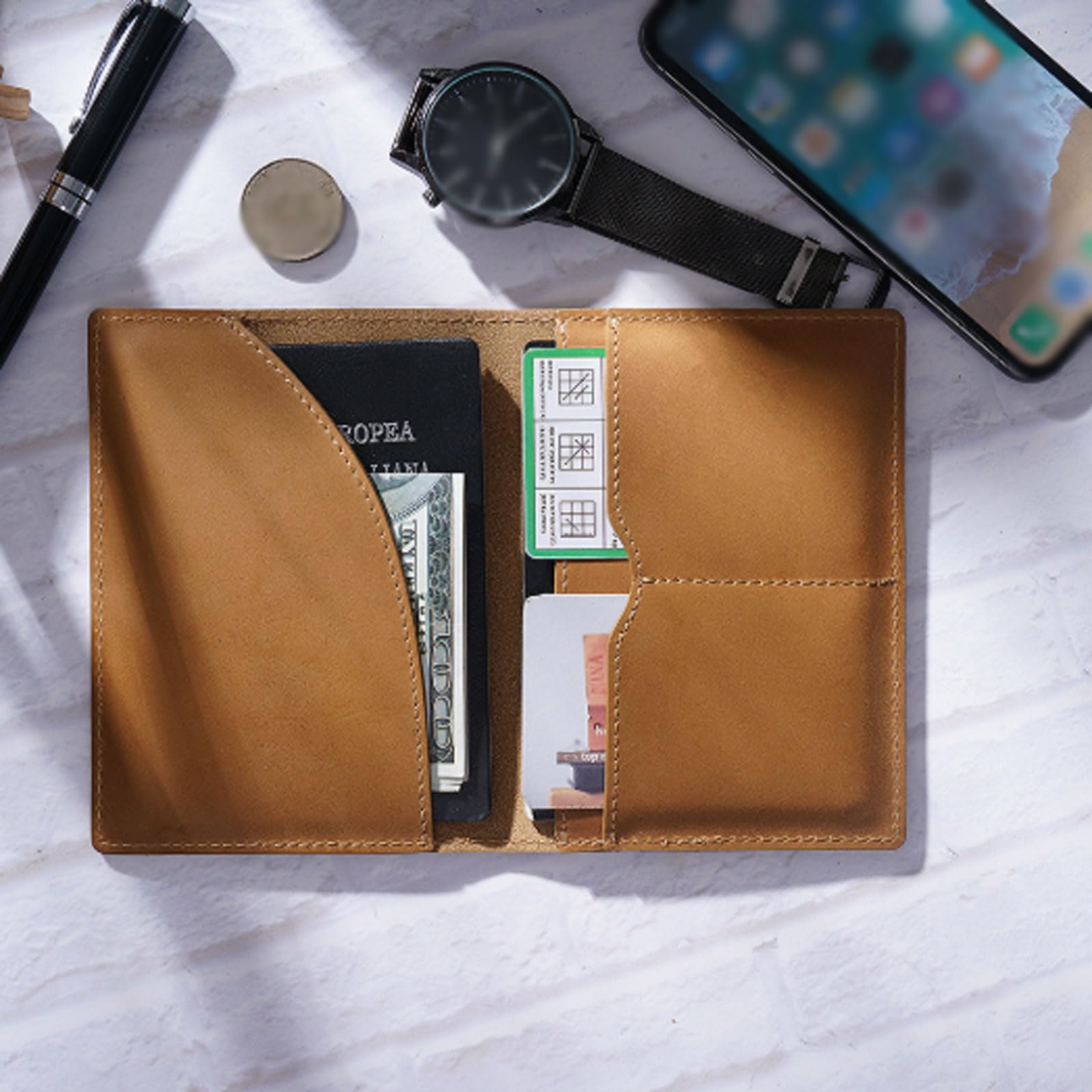 Custodia per passaporto in pelle bovina fatta a mano retrò porta passaporto universale biglietto multifunzione porta carte portadocumenti, Caff, 10 x 14 cm, Casual