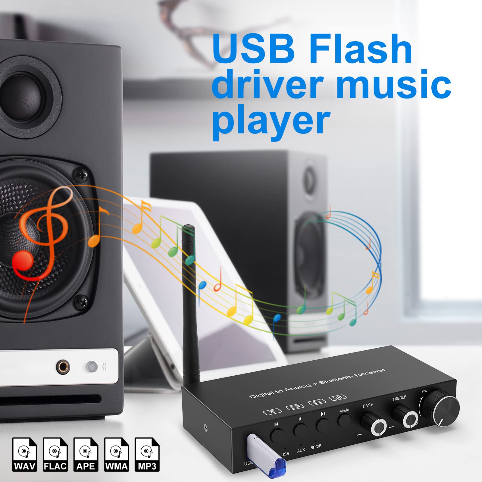 Convertidor digital a analógico USB de 192 KHz DAC con amplificador de auriculares receptor Bluetooth V5.0 integrado, volumen ajustable, SPDIF TOSLINK digital a estéreo L/R y conector de 3.5 mm