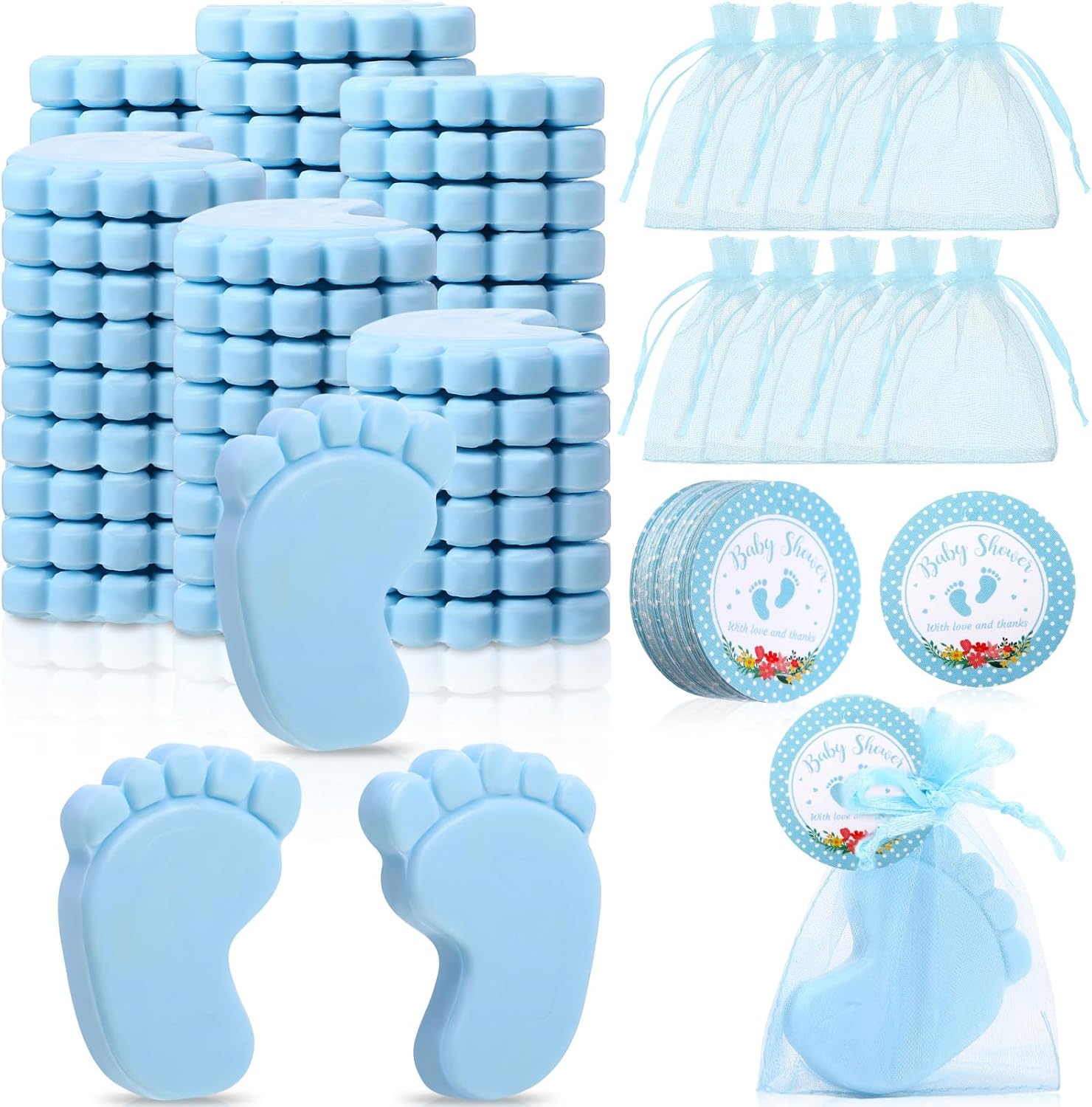 50 Sets Baby Shower Favors Handmade Baby Feet Scented Soap Party Favors for Guests Gifts with Organza Bags and Thanks Tags Wedding Party(Blue)