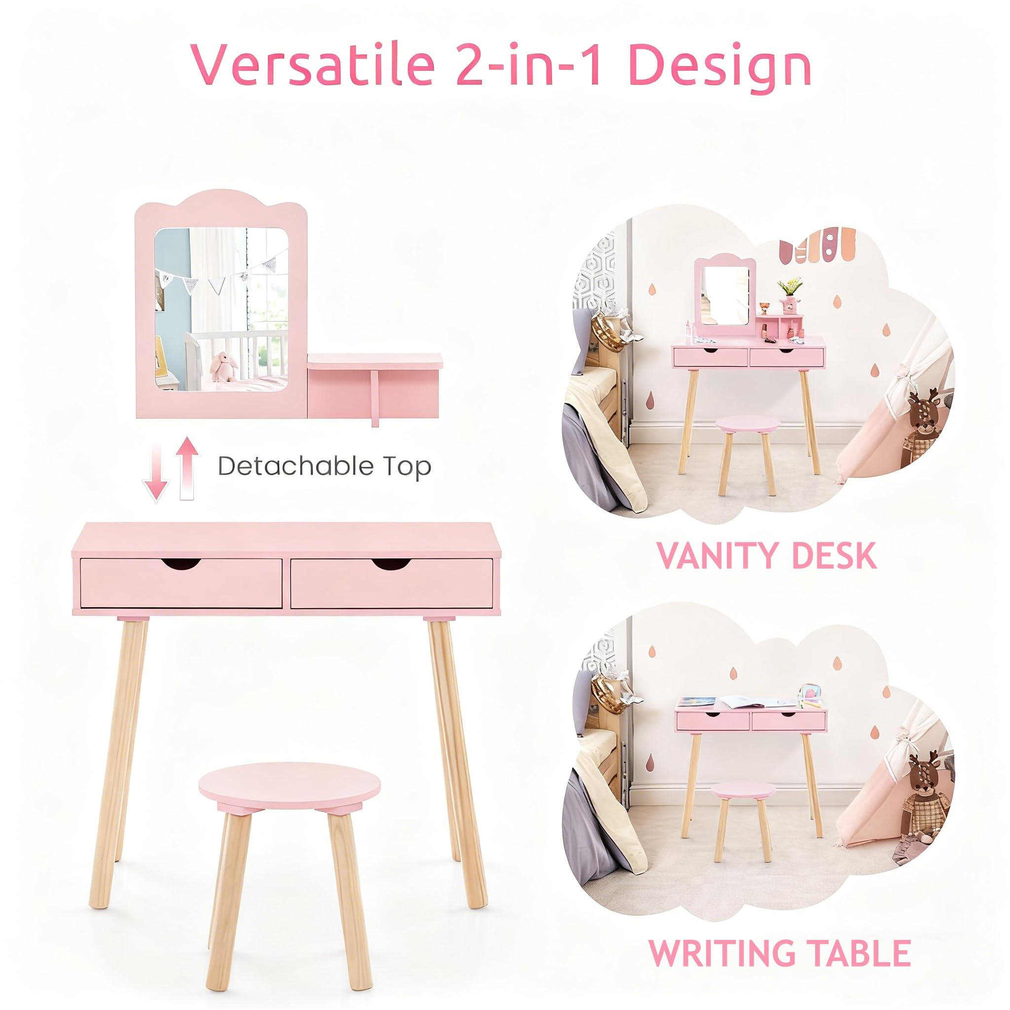 LIFEZEAL Coiffeuse Enfant 2 en 1 avec Miroir Amovible et Tabouret, Table de Maquillage Bois avec 2 Tiroirs et Étagère, Chambre d’Enfant, Fille 3-7 Ans, Charge 40kg/20kg (Rose)