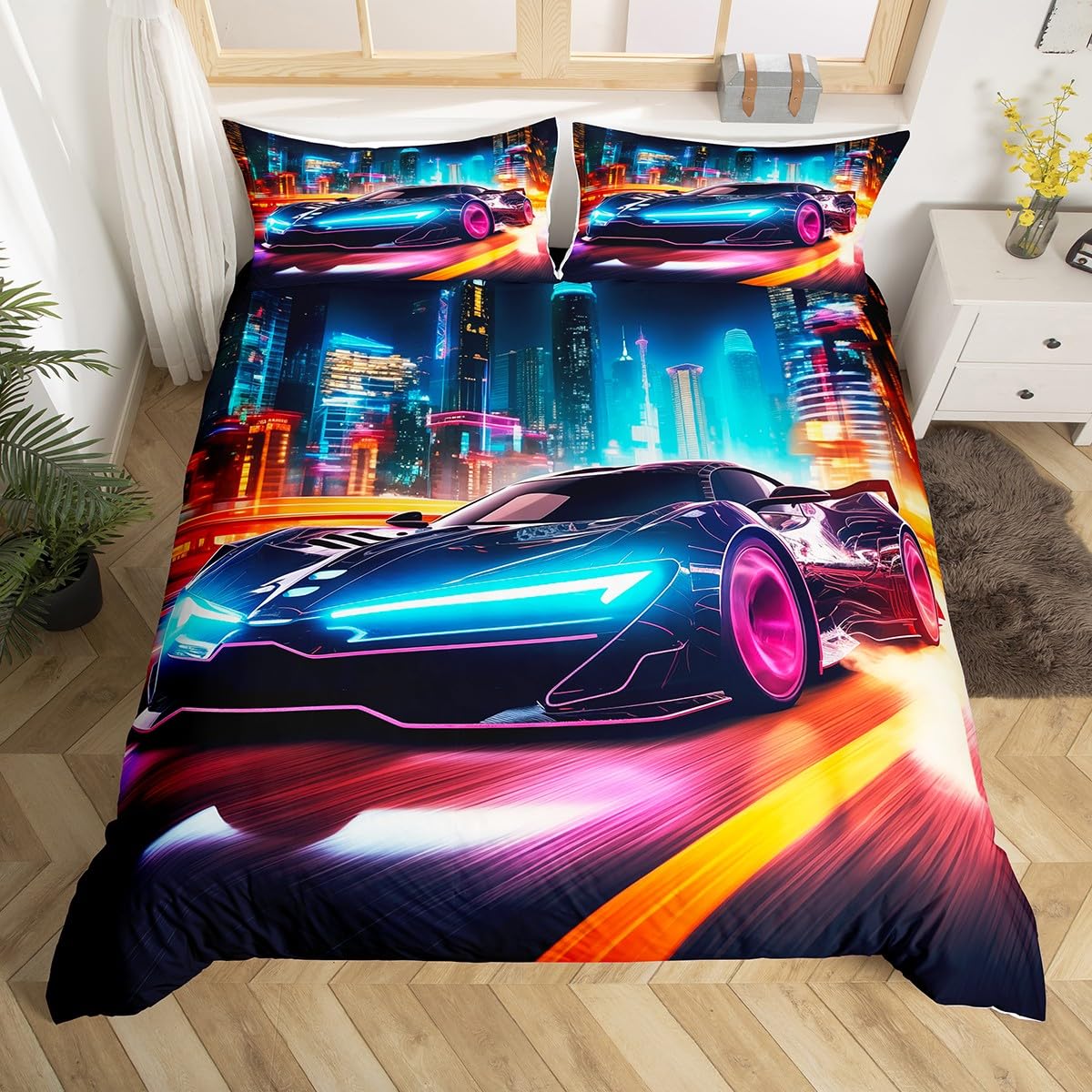Loussiesd Kids Blue Black Race car Duvet Cover Double Size