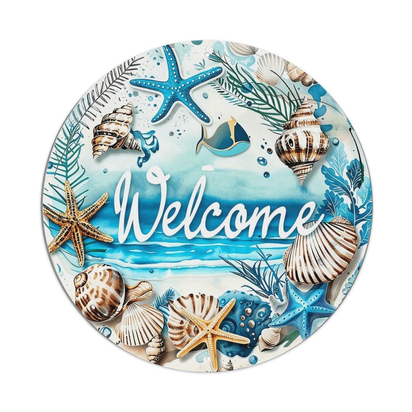 Oceanic Seashell Starfish Welcome Pattern Round Metal Tin Sign Vintage Wall Decor, Bar Garage Cafe Kitchen Home Wall Art Poster 8x8inches
