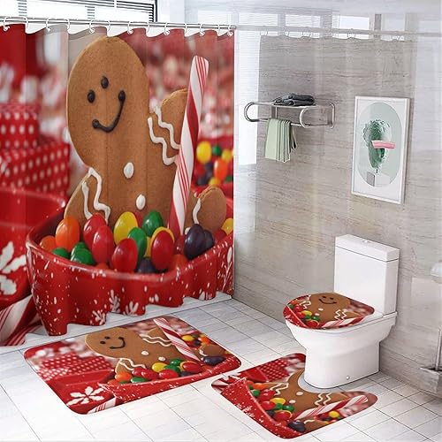 GemGam Cortina de ducha con juegos de baño y alfombras, decoración de lindo hombre de jengibre, 4 piezas, juego de cortinas de ducha con alfombra