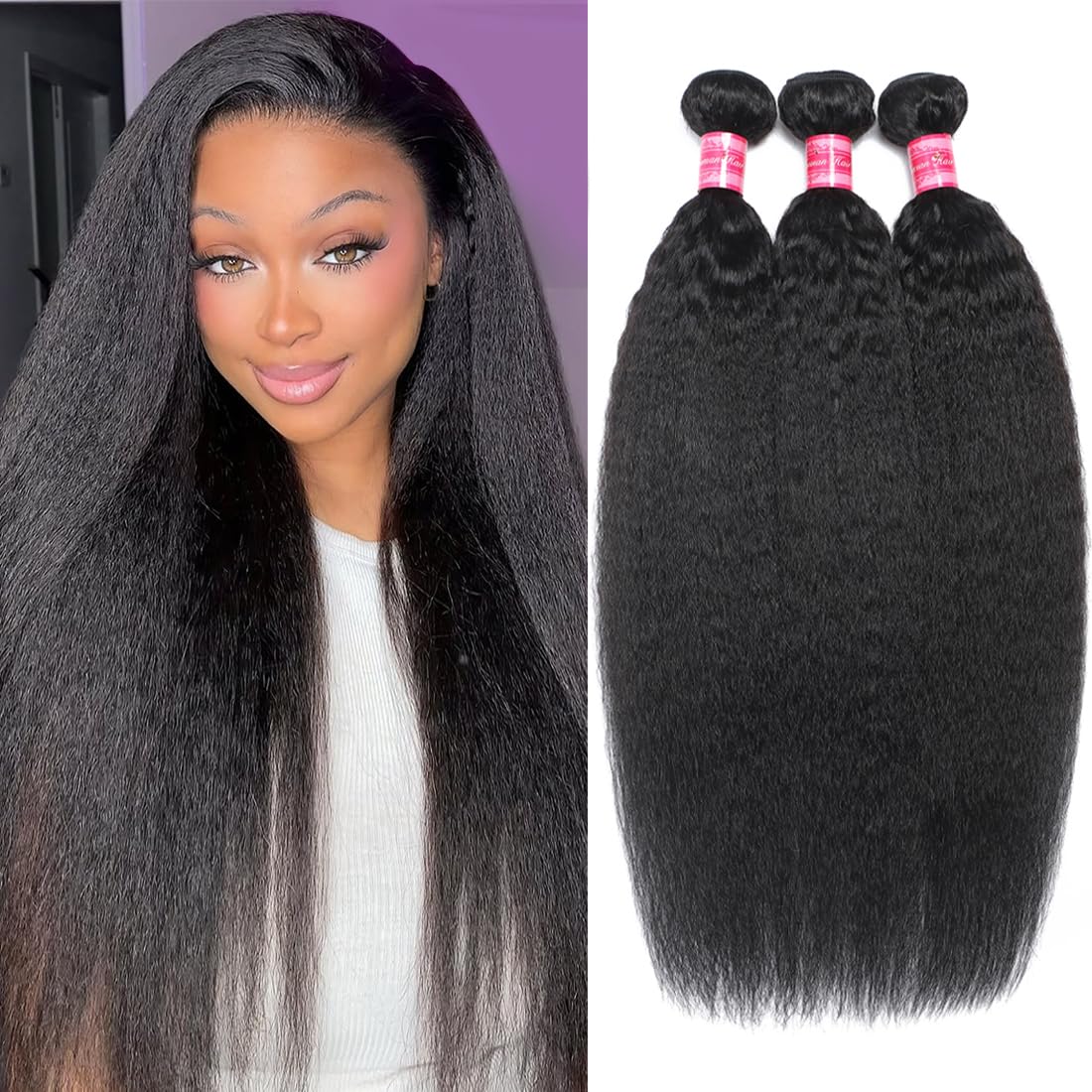 12A Kinky Straight Bundles Human Hair(26 28 30 Inch)100% Unprocessed Brazilian Virgin Yaki Straight 3 Bundles Salon Quality Kinky Bundles Human Hair