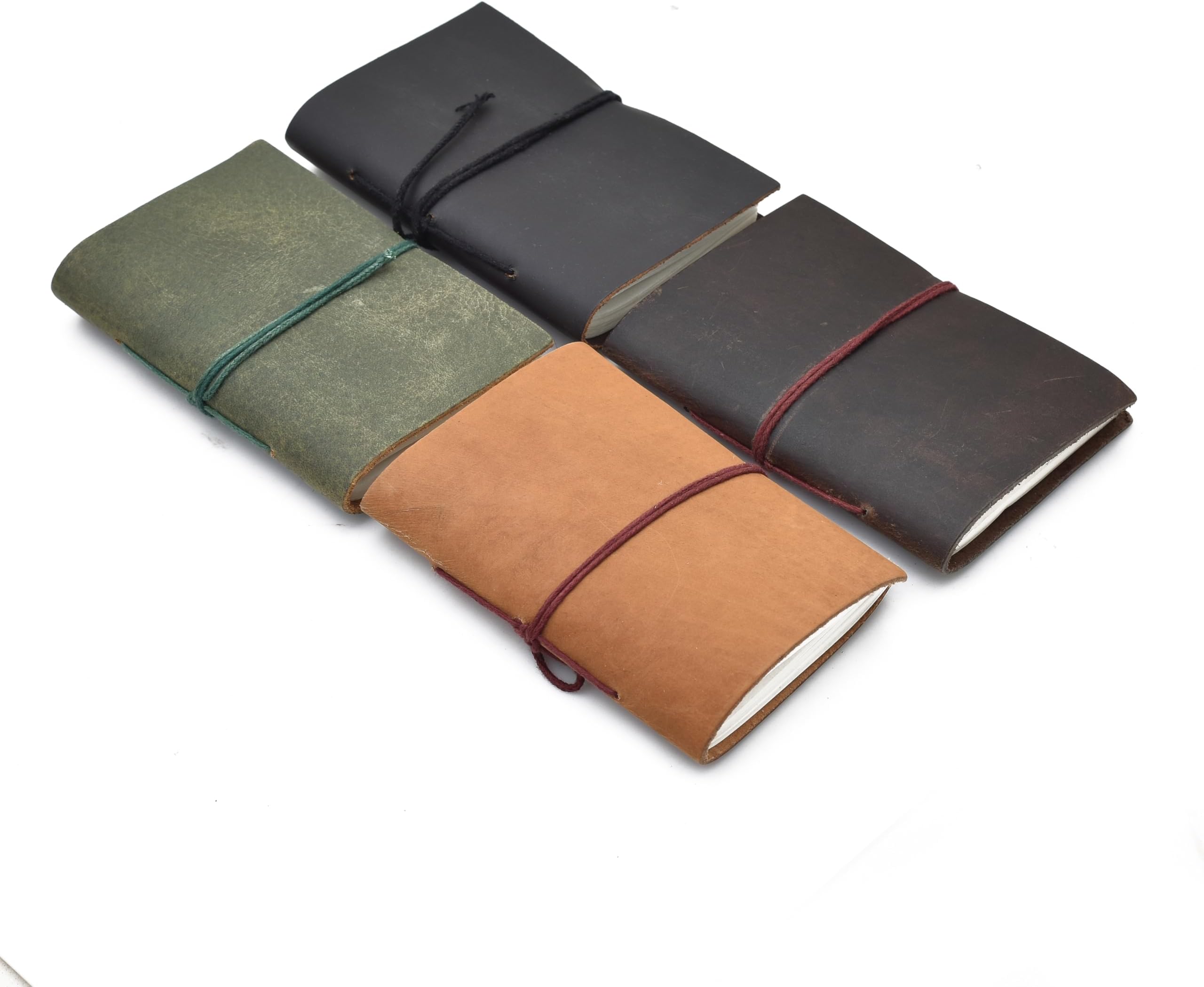 Vintage Leather Mini Pocket Journals Set (3*4 inch) - Green, Black, Tan, Brown | Handmade Unruled Notebooks with Wrap Tie | Perfect for Travel, Sketching, Notes & Gifts (4 Pack,Each 50 pages)
