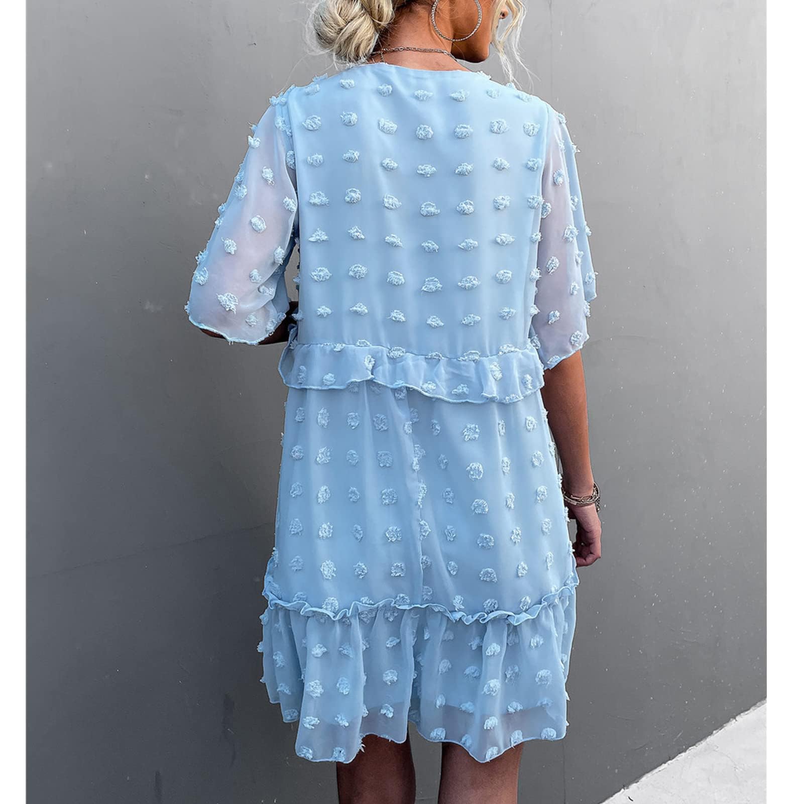 Abito da Donna Allentato con Scollo a V, Elegante Abito a Maniche Corte con Cuciture in Pizzo a Strati Abito Allentato in Stile Casual per Abbigliamento Estivo, Abito Estivo a Pois con(M-Azzurro)