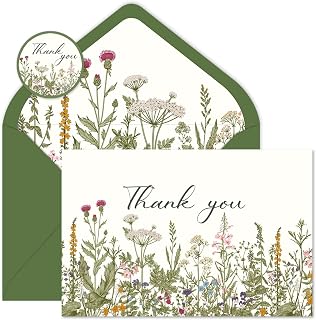 Whaline 24 Pack Vintage Wild Floral Thank You Cards Bulk Retro Botanical Green Leaves Herbs Greeting Cards with Envelope Sticker for Birthday Wedding Baby Shower Bridal Shower