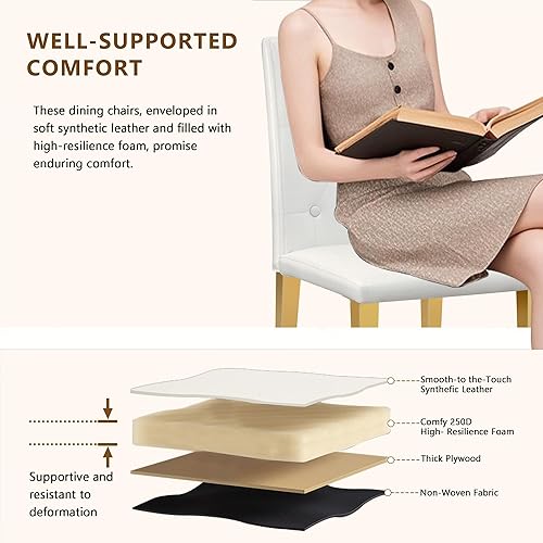 Miniatura 5 de Juego de 4 sillas de comedor blancas, modernas y tapizadas con patas de metal dorado, cómodas sillas Parsons de piel sintética para cocina, comedor,