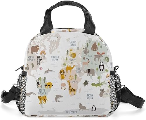 Niapessel Bolsa de almuerzo para mujeres, niños, niñas, niños, aislada, mapa del mundo animal, multicolor, impreso, lonchera térmica con soporte