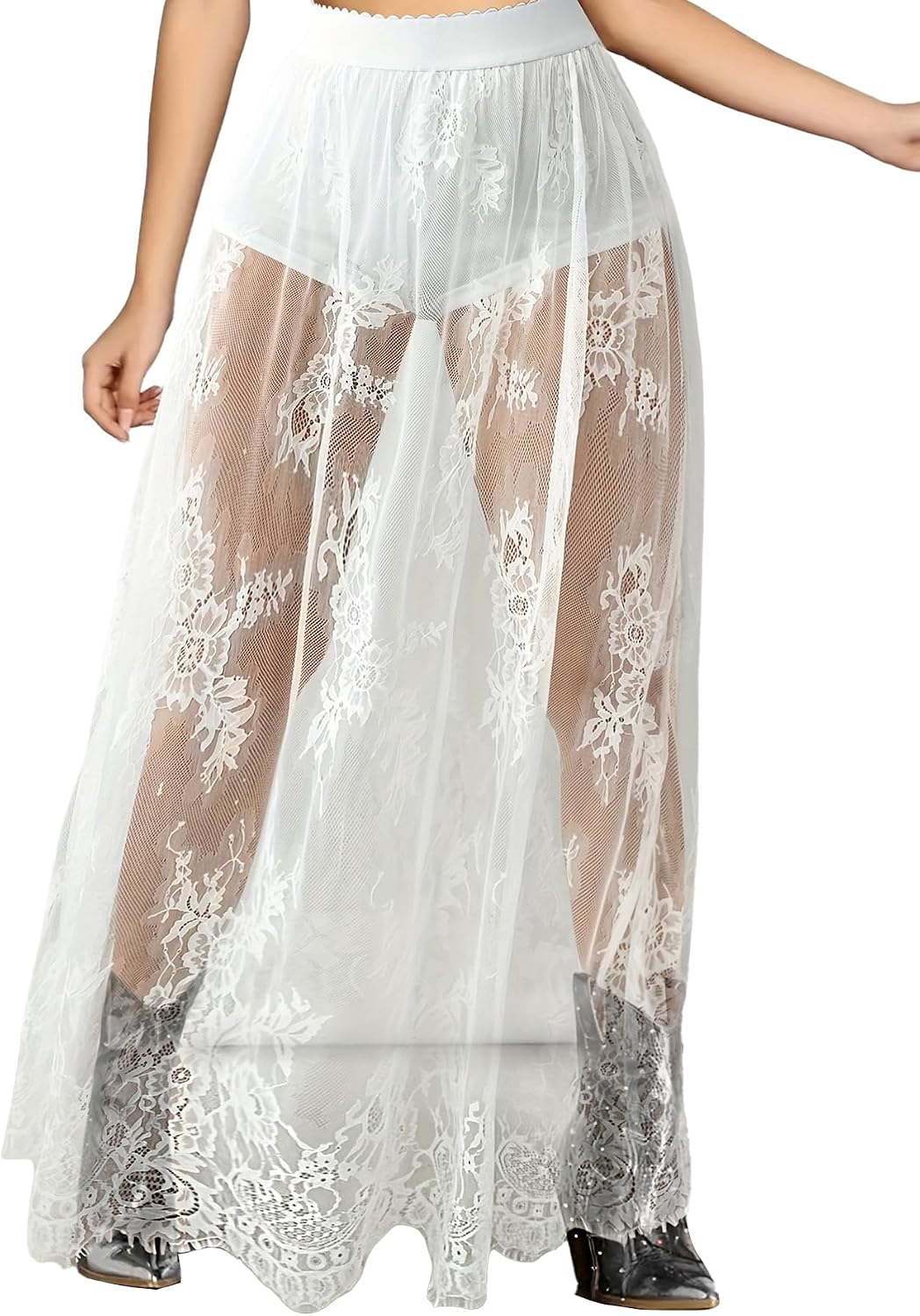 Women's Sheer Lace Maxi Skirt High Waist Sheer Mesh A Line Flowy Long Skirt