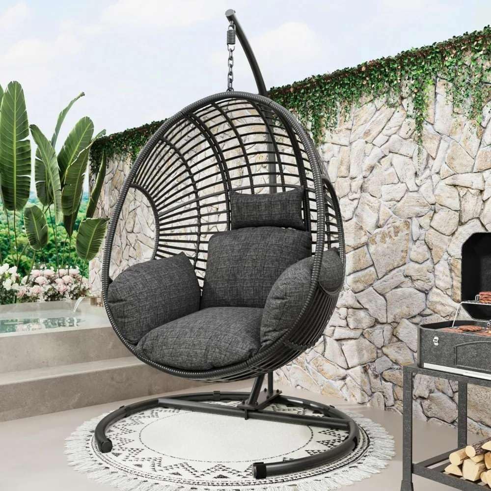 Relaxing Outdoor Egg Chair Swing: Weatherproof Wicker Patio Hanging Chair with Stand & Cushion (400lbs Capacity)