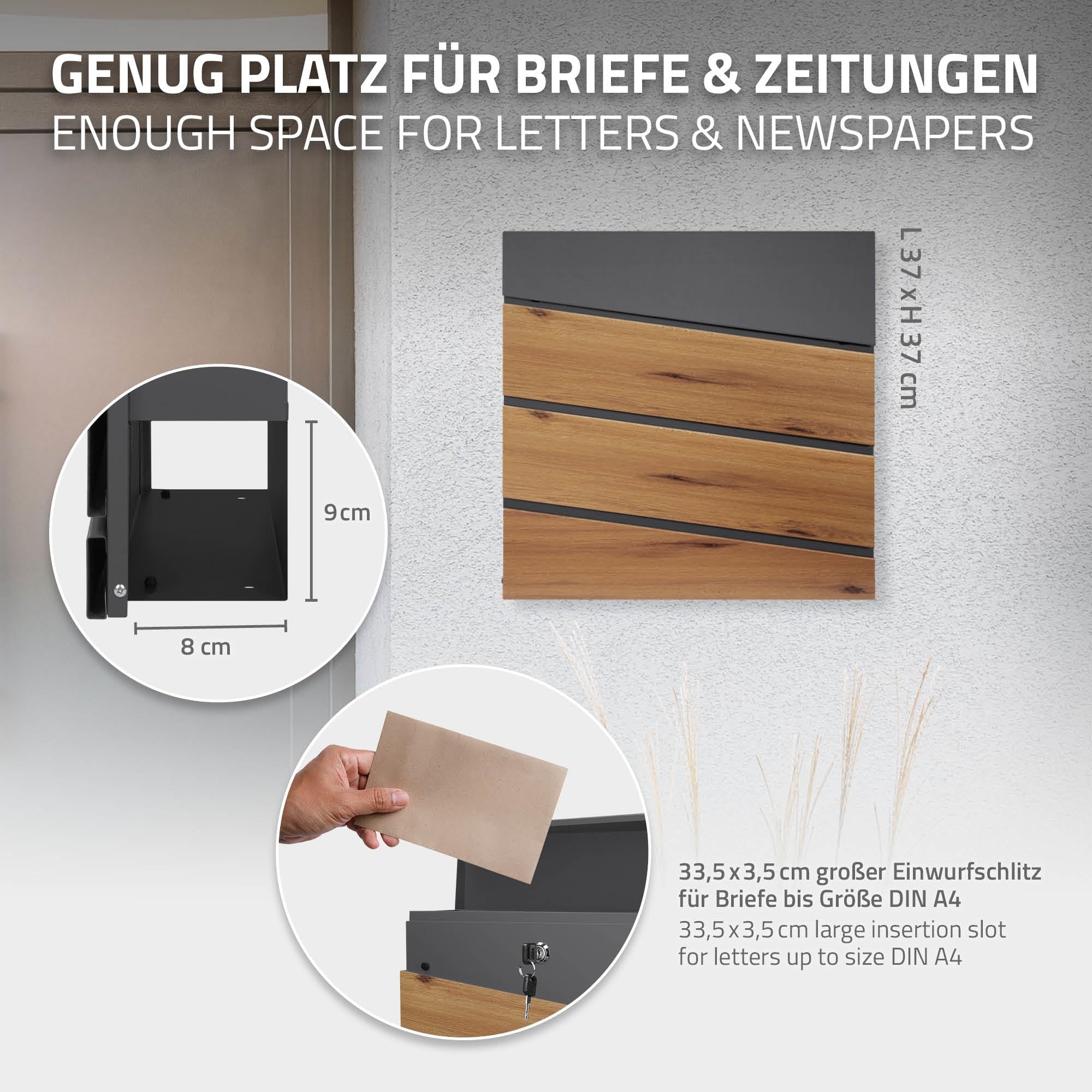 ML-Design Cassetta Postale Montaggio a Parete Muro Esterno 37 x 36,5 x 11 cm in Acciaio Antracite/Aspetto Legno Buca delle Lettere con Scomparto Porta Giornali Stile Moderno con Serratura e 2 Chiavi