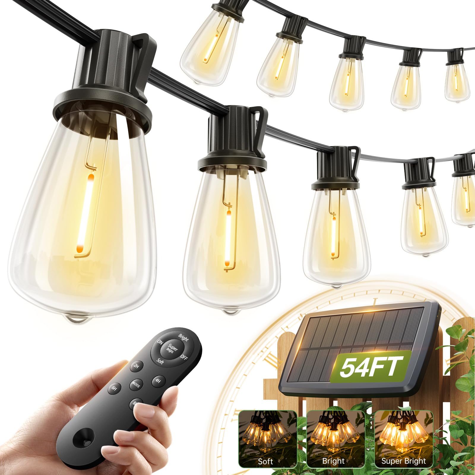 addlon 54(48+6) FT Solar String Lights Waterproof,Patio Lights Solar Powered with Remote & USB Port 15+1 LED Shatterproof Bulbs 3 Light Modes, Dimmable Solar Light for Camping Backyard Garden