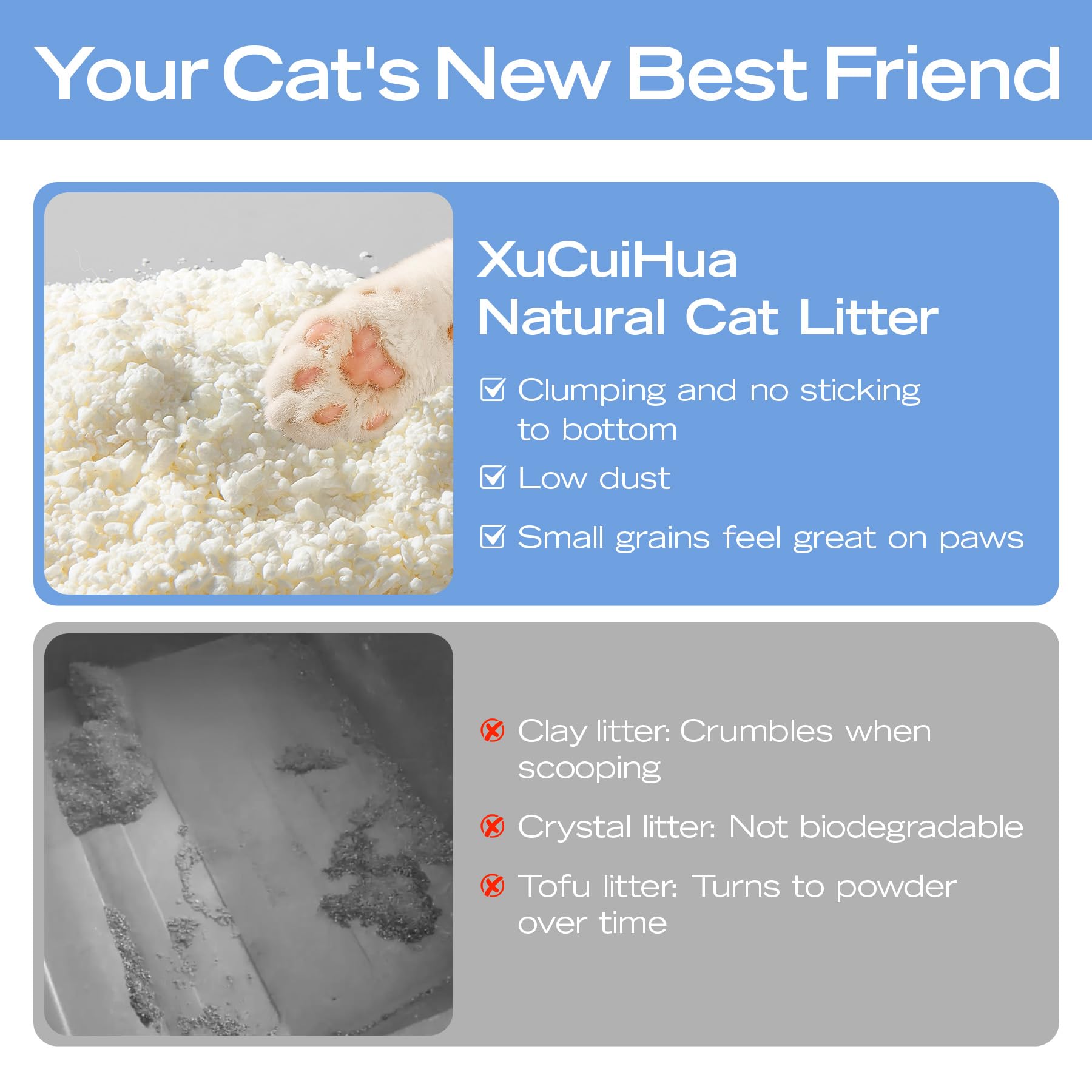 XuCuiHua Lettiera naturale per gatti, inodore, 100% a base vegetale, forte grumi, facile da raccogliere, solleva i grumi in modo pulito, polvere bassa, 2,5 kg x 3 sacchetti