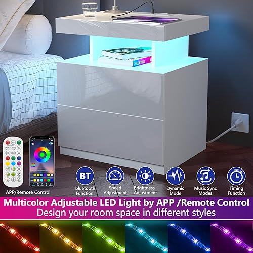 Miniatura 63 de HOMMPA Mesita de noche LED con estación de carga inalámbrica y puertos USB, soporte de noche de 3 cajones con luz LED RGB de brillo ajustable,