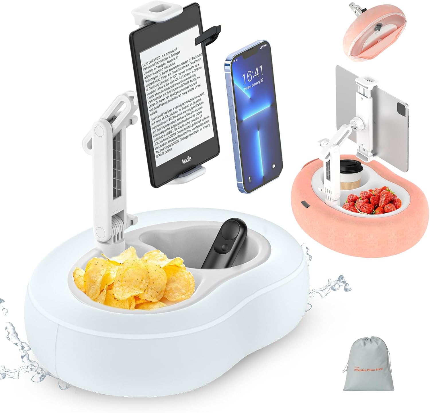 Versatile Waterproof Tablet Kindle Pillow Stand for Bed Couch Bathtub Pool Lounger, Portable Inflatable Kindle Holder with Detachable Fabric, Easy Care & Suit All Seasons, Fit 5-12.9'' Devices