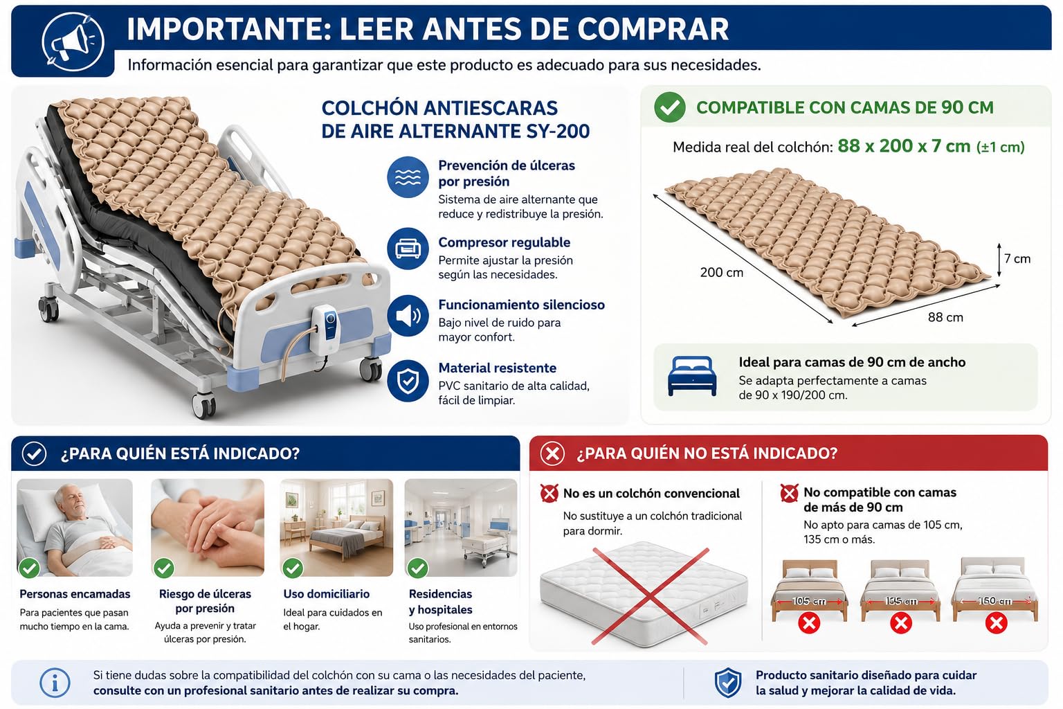 SY-200 Colchón Antiescaras de Aire Alternante con Compresor de Bajo Ruido (30-35 dB) – Cama 90 cm (88x200 cm) – Dispositivo Médico para Pacientes Encamados – Prevención de Úlceras por Presión
