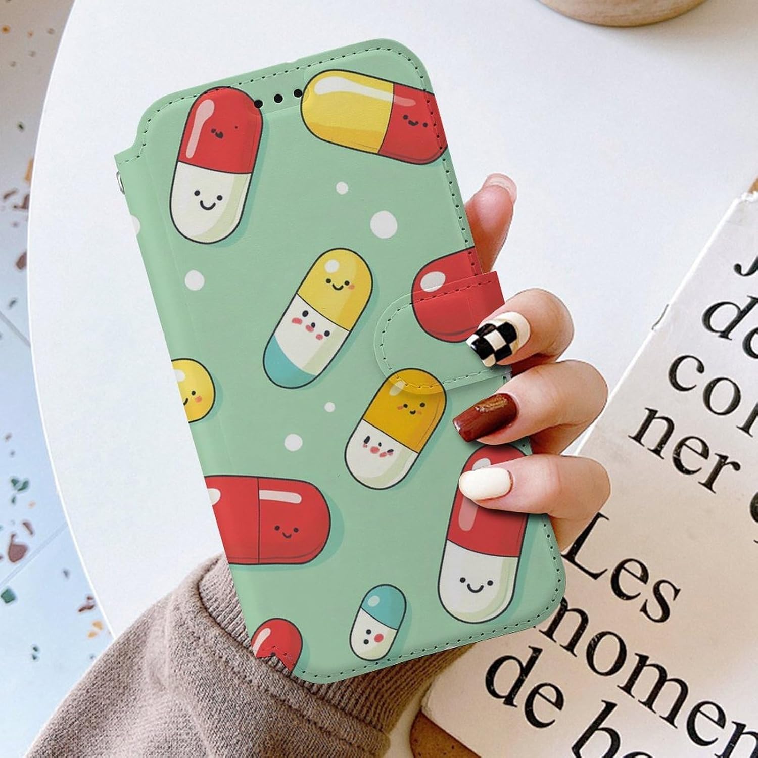 Pill Capsules Pattern Compatible with iPhone 16/16 Plus/16 Pro/16 Pro Max/16 E Case Phone Wallet Card Holder Flip Cover with Wrist Strap