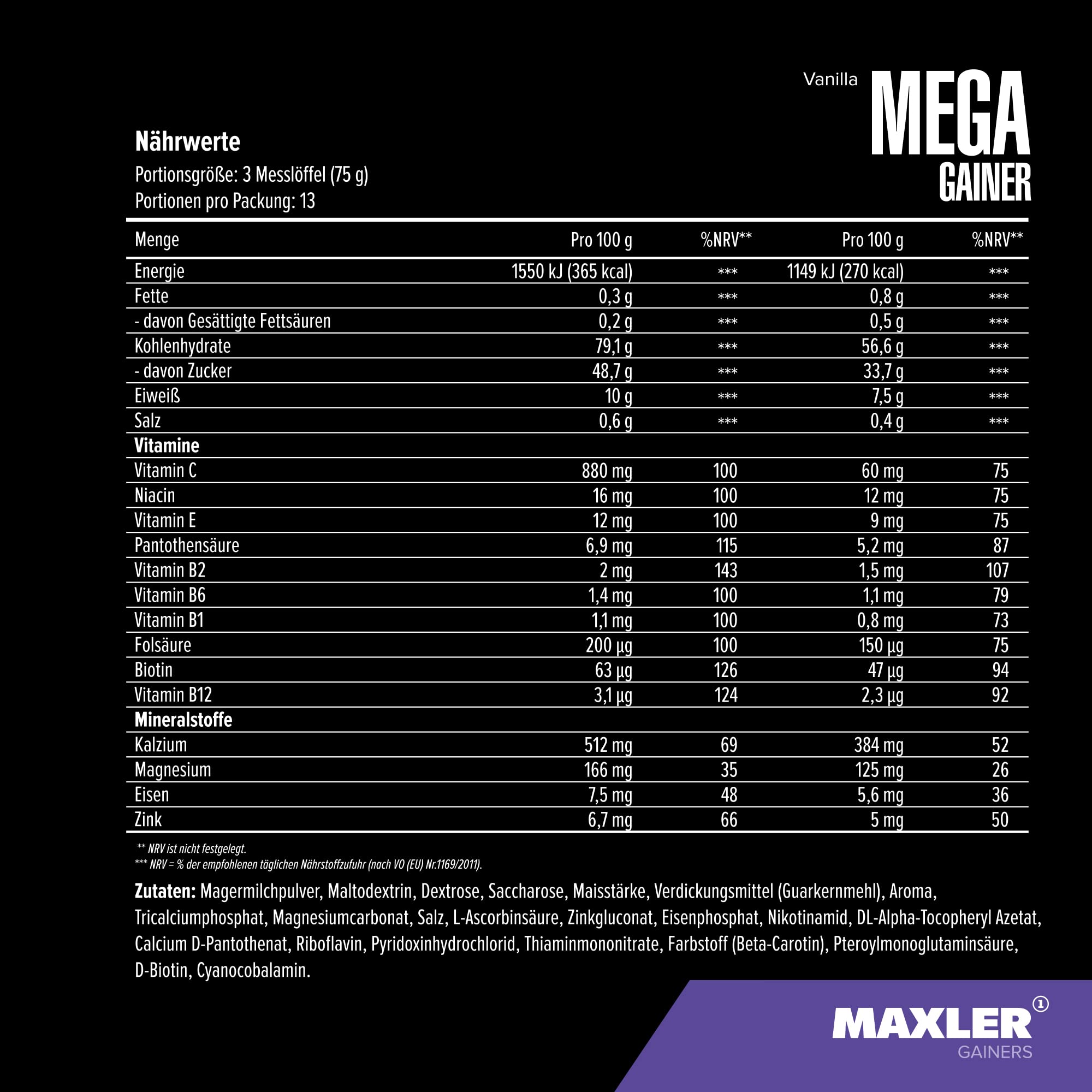 Maxler Mega Gainer - Gain de poids pour développer les muscles - Vanille - 1000g - combinaison de protéines, glucides, vitamines et minéraux - 10% de protéines de lactosérum - shake riche en calories